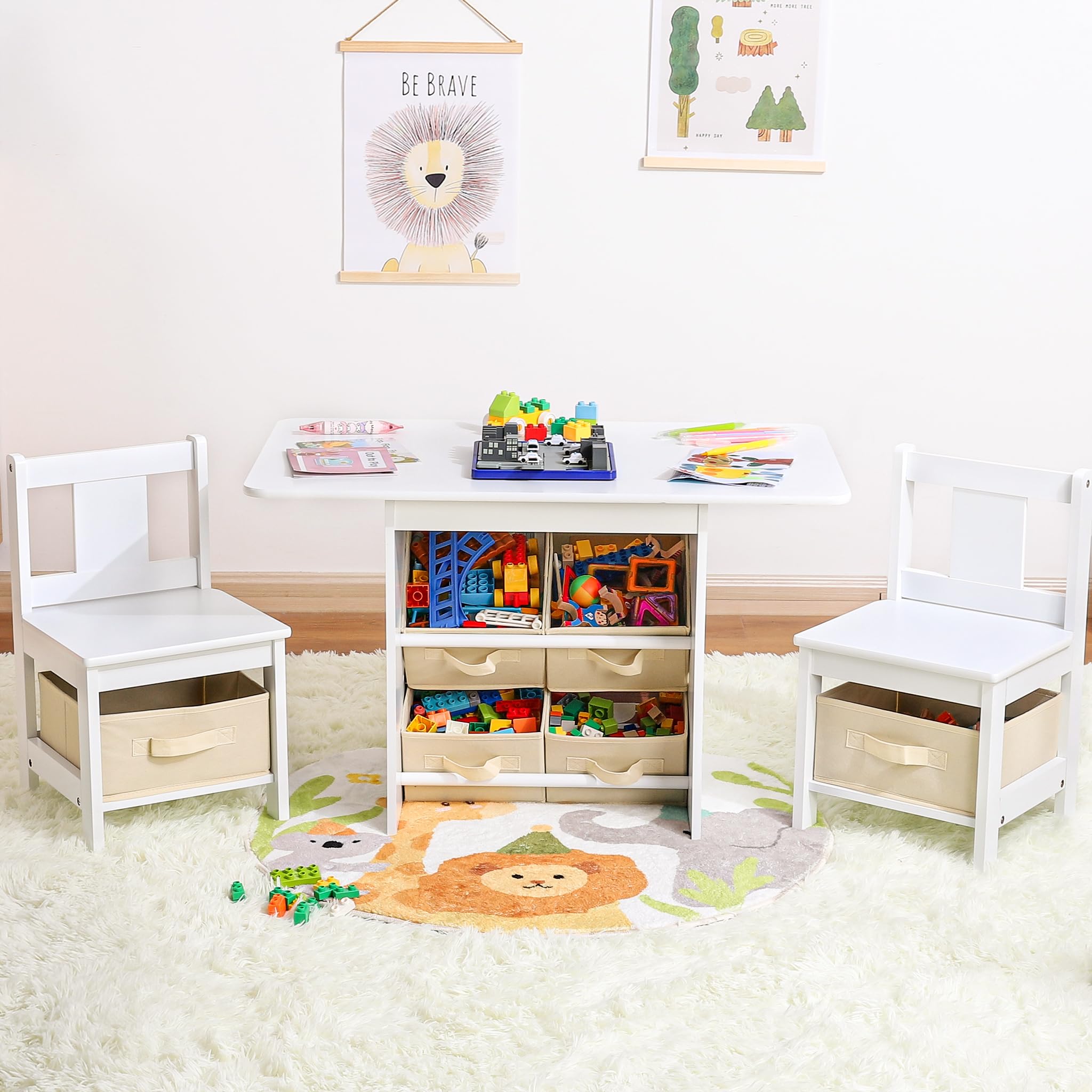 Yorbay Kindertisch mit 2 Stühlen Holz: 3 teilige Kindersitzgruppe mit Stauraum - Multifunktionaler Kinder Tisch Stuhl Set Sitzgruppe für ab 3 Jahre - Maltisch Spieltisch für Kinderzimmer