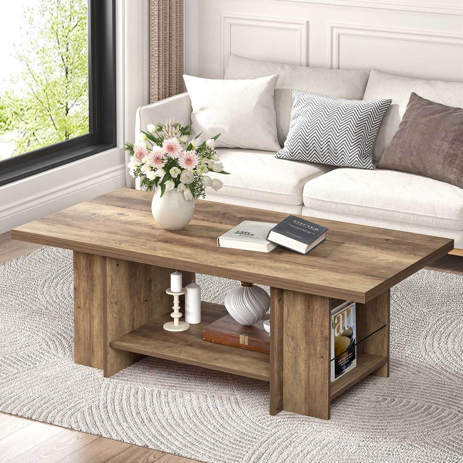 FOLUBAN Wood Coffee Table Modern Center Table for Living Room with Bottom Storage Shelf Side Shelves 2-Tier Rectangle