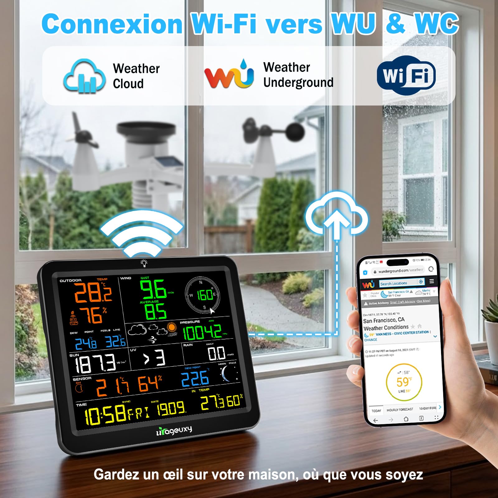Urageuxy Station Météo WiFi Connectée avec Grand Écran Couleur HD 8,8"
