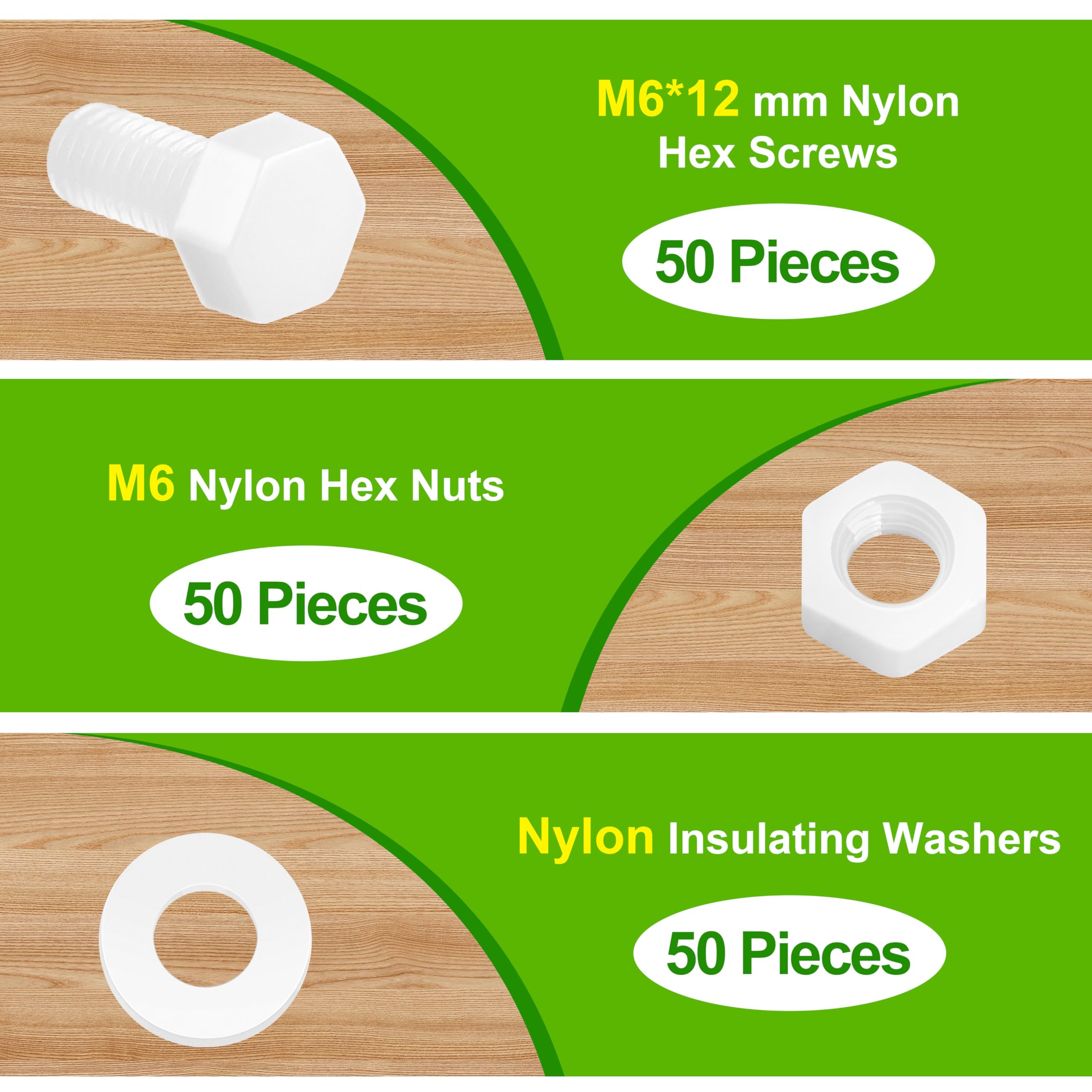 Pzsmocn 150 Pieces / 50 Sets M6 White Nylon Screws and Nuts Kit with Nylon Washers. M6 * 12 mm Plastic White Nylon Hex Screws Nylon Insulating Washers and M6 Hex Nuts Kit. - Image 3