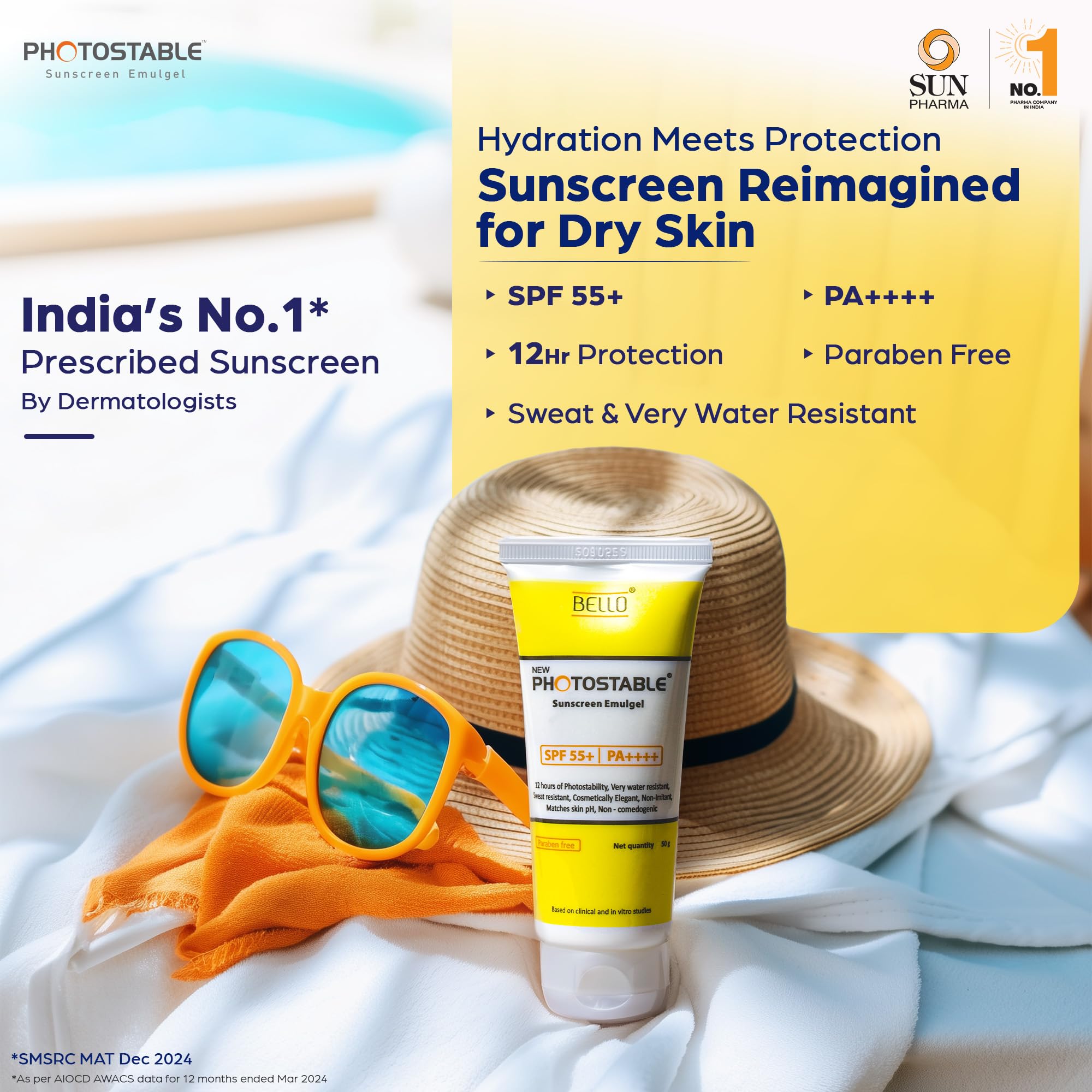 Sunpharma Photostable Emulgel Sunscreen SPF 55+,PA++++, 12 Hour UV Protection, Lightweight, Oil-Control Formula, No White Cast, Dermatologist-Tested, Suitable for All Skin Types, 50 g
