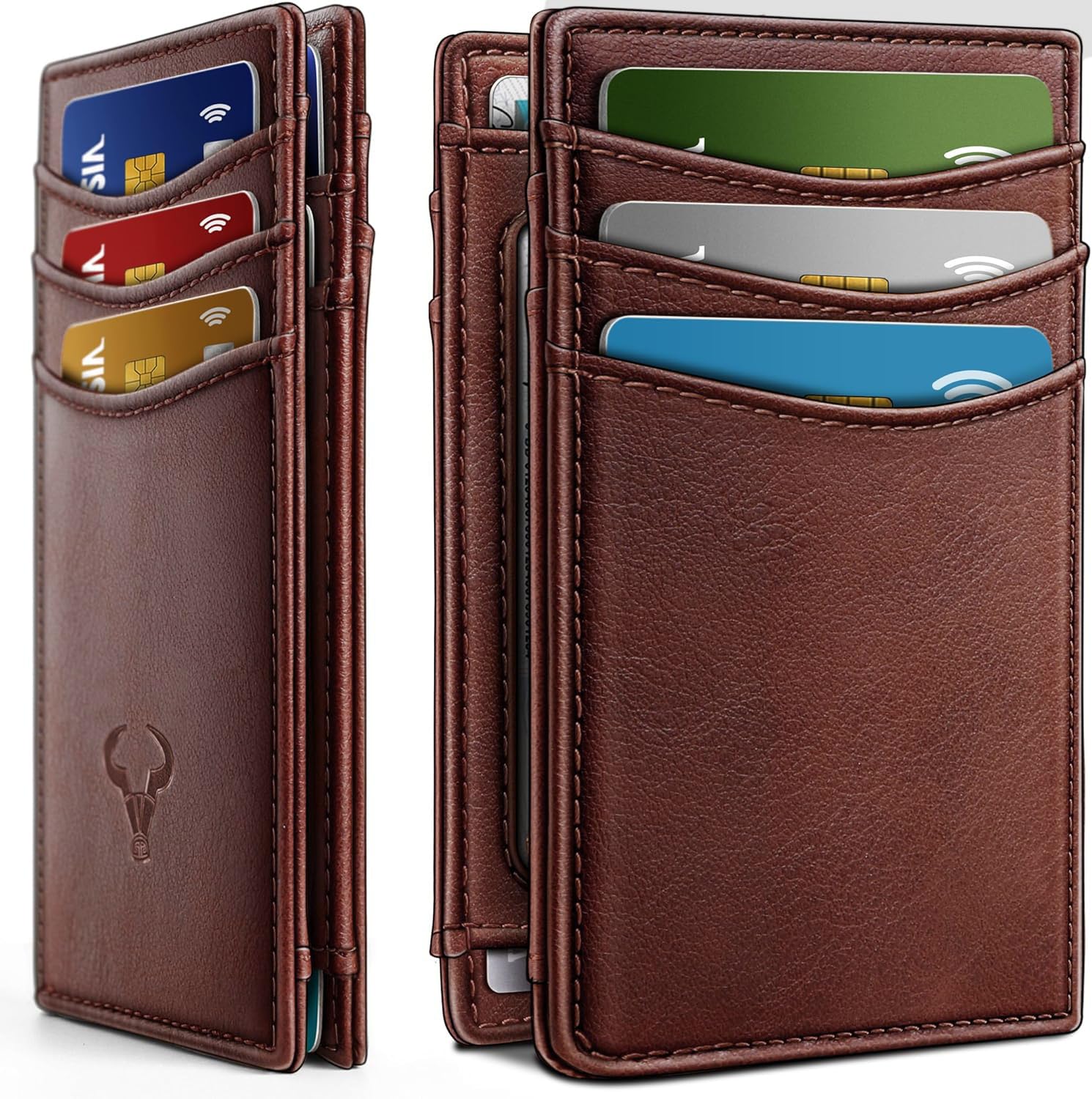 Contacts Slim Leather Wallet for Men, 11 Card Slots 1 ID Window, RFID Blocking Minimalist Card Holder with Magnetic Closure & Simplified Bill Compartment (Brown)