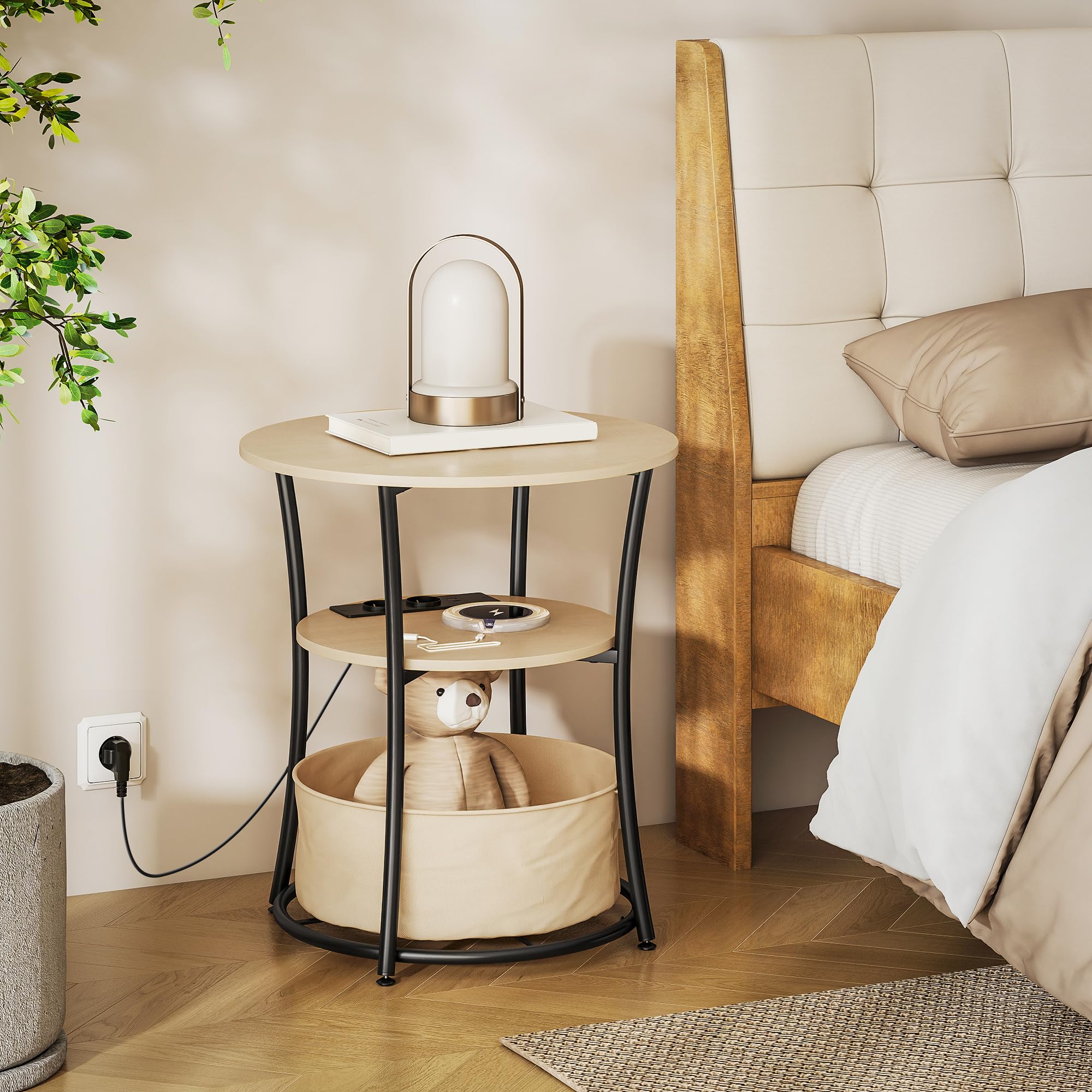 HOMCOM Mesa Auxiliar Redonda de 3 Niveles Ø50x55,1 cm Madera Natural | Estación de Carga, Mesita Auxiliar Industrial, 2 Estantes Abiertos, Bolsa de Almacenaje, para Salón Dormitorio Librería