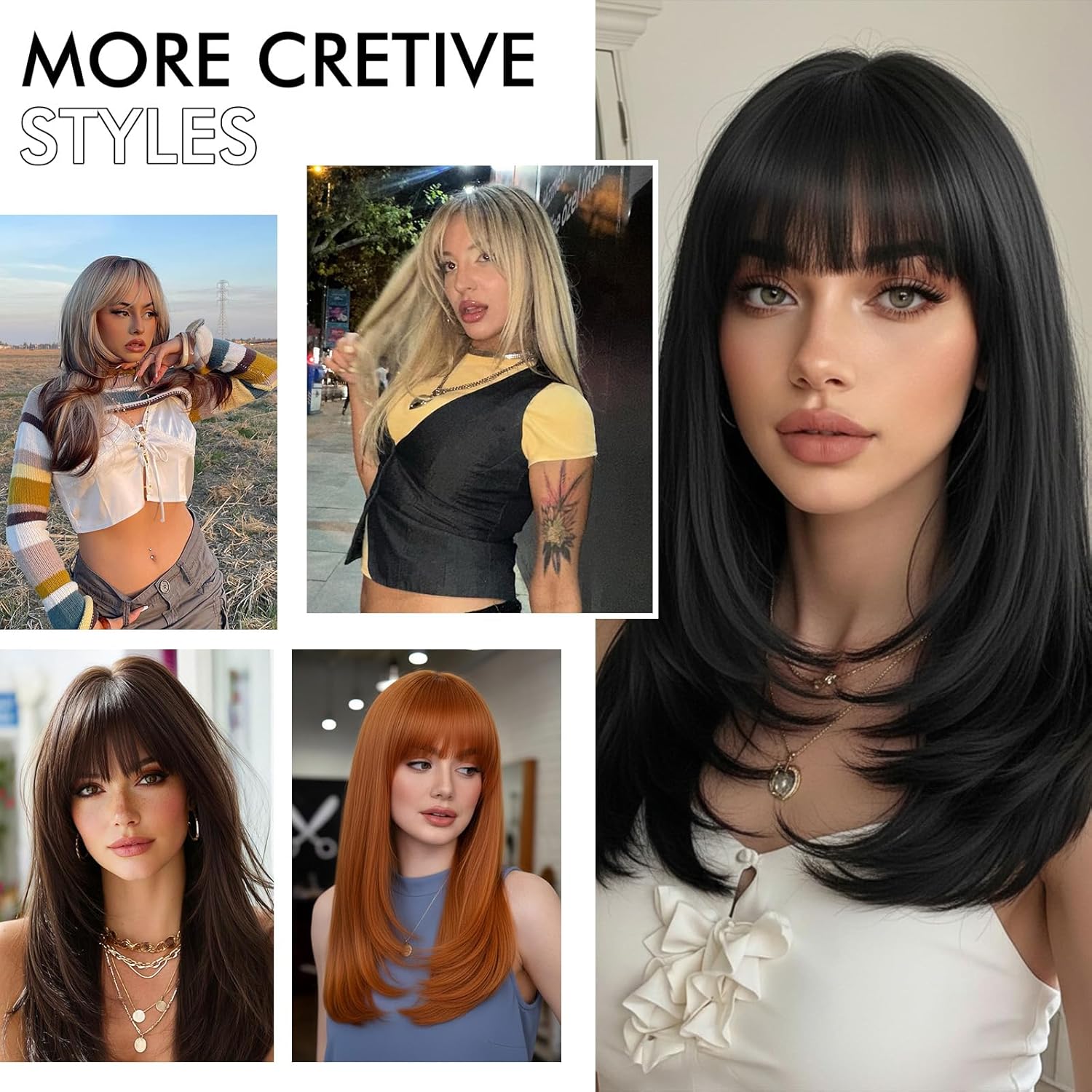 NOSTALGIA Black Straight Layered Wig with Bangs for Women, 4x4 Realistic Scalp, Free Parting, Realistic Natural Looking Heat Resistant Synthetic Wigs for Daily Party Cosplay Use 20Inch