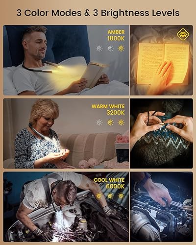 Vista 39 de Glocusent - Luz de lectura para el cuello, 3 colores, 6 niveles de brillo, brazos flexibles, recargable, larga duración, perfecta para leer