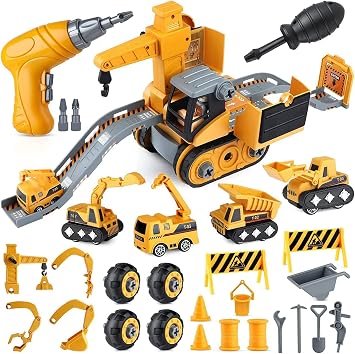 4 in 1 DIY Take Apart Tractor, Construction Vehicles Track Set STEM Building Digger Excavators Crane Truck Toy Interactive Toys Christmas Birthday Gifts with Electric Drill for Toddlers Kids
