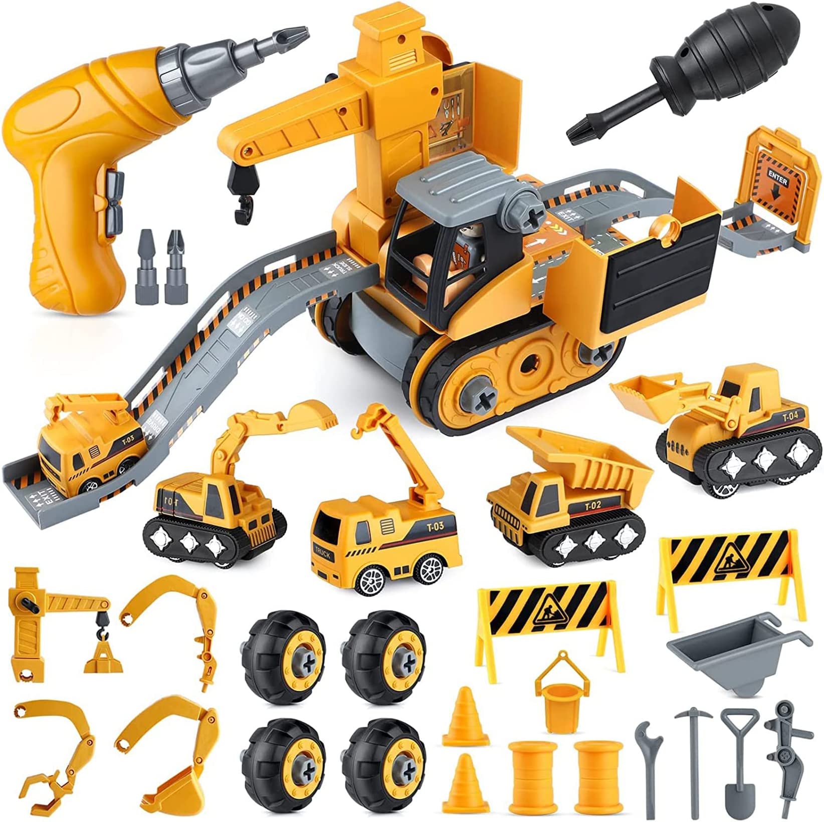 4 in 1 Kit Giocattolo Montaggio DIY, Set Veicoli da Costruzione STEM Escavatori Camion Gru Giocattoli , Interattivi Giocattolo Regalini Compleanno Natale con Trapano Elettrico per Bambini
