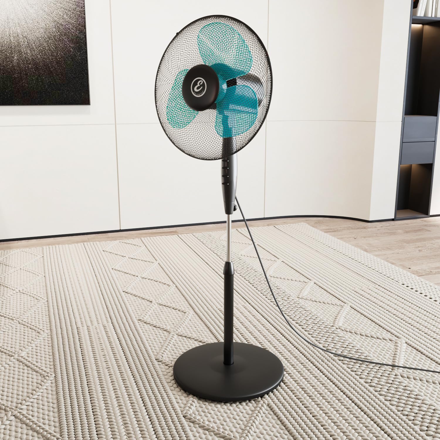 Bricozone Ventilatore a Piantana per Pavimento Potente da 50W con Pale da 40 cm Silenzioso Colore Nero e Azzurro 3 Velocità Oscillante Altezza e Inclinazione Regolabili Griglia di Protezione