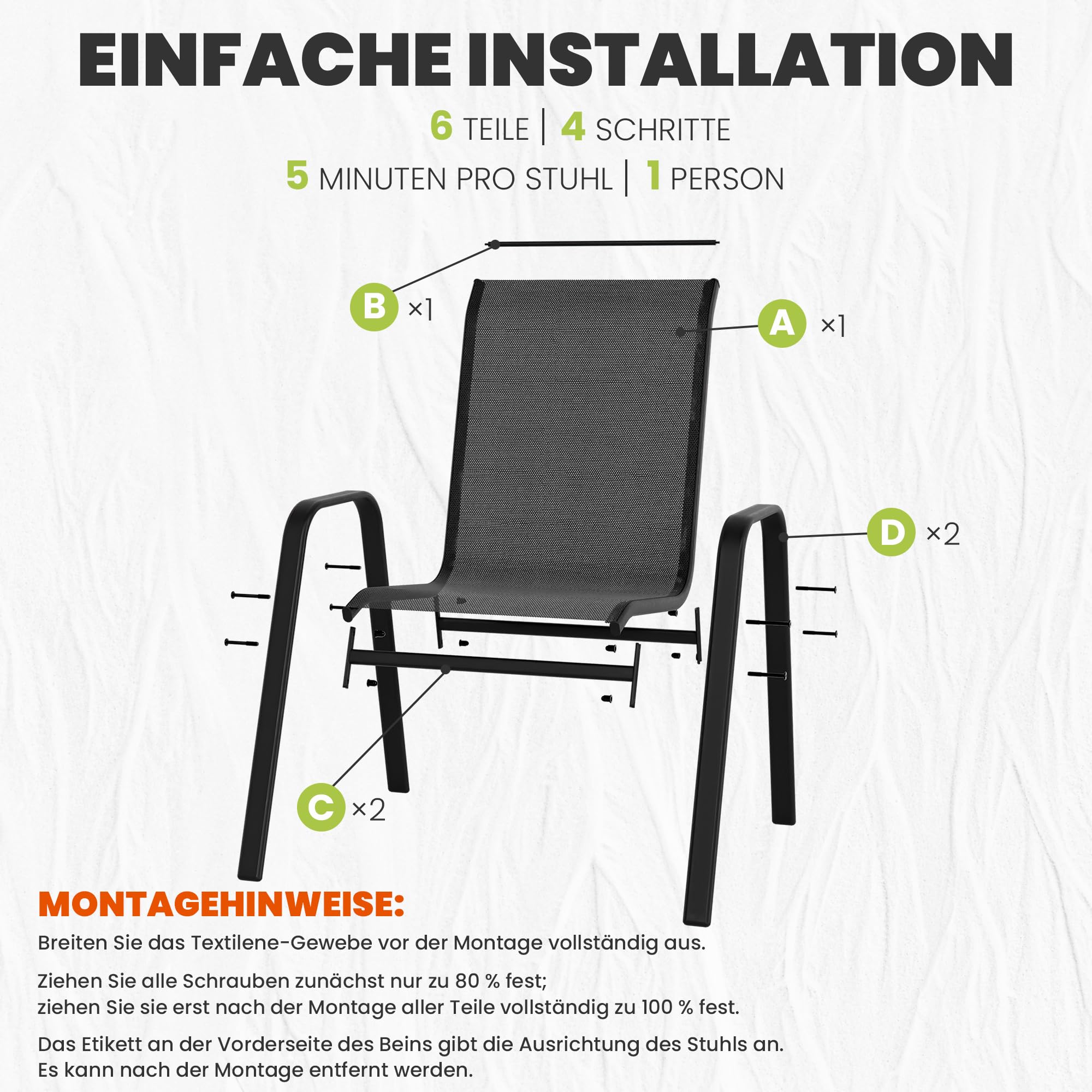 ALAULM Hochlehner Gartenstühle 4er Set Stapelbar, Wetterfeste Terrassenstühle mit Armlehnen, Atmungsaktives Textilene & Stahlgestell für Garten, Balkon, Terrasse, Poolbereich (Schwarz)