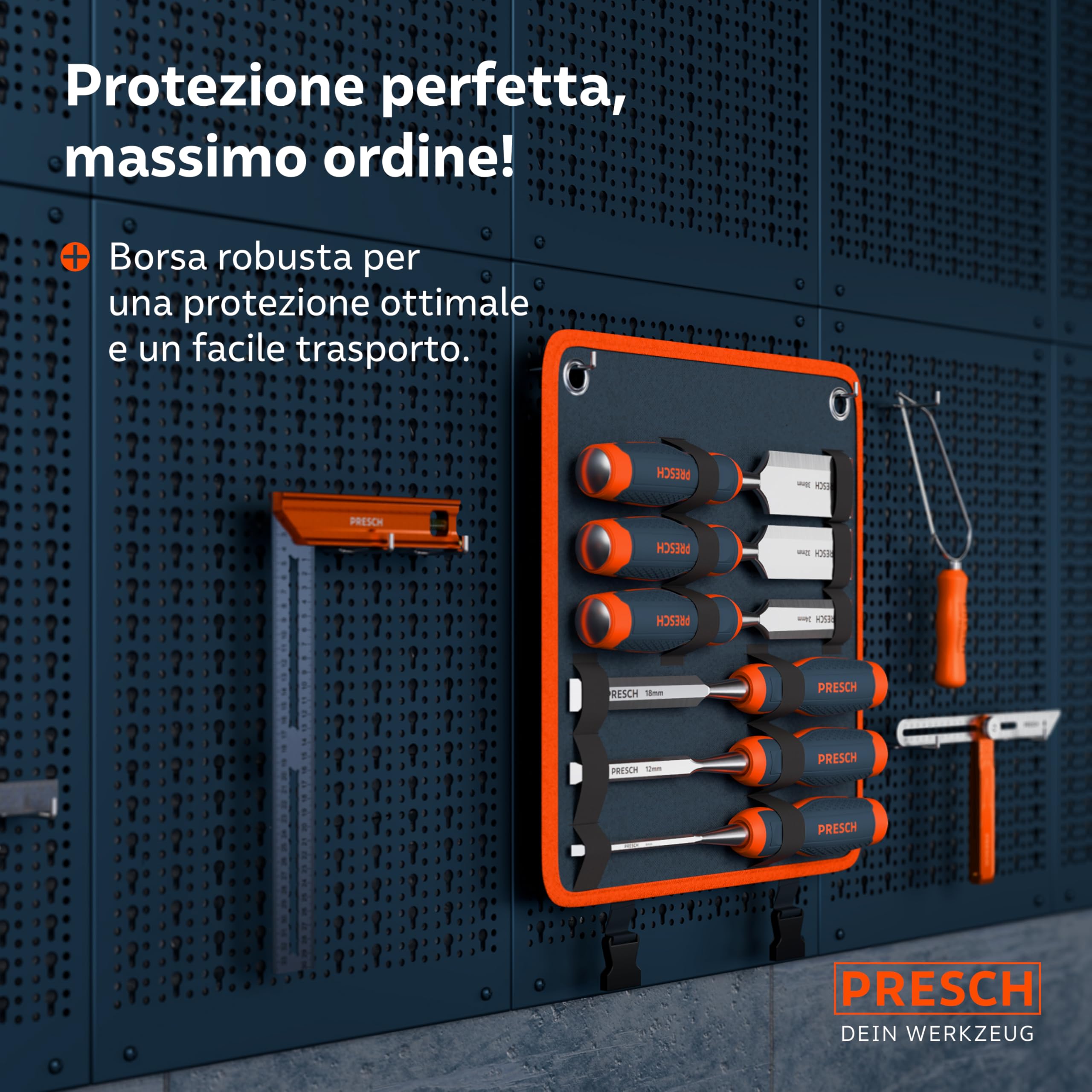 Presch Set di scalpelli per legno 6pz. incl. Borsa - Completamente affilati per un utilizzo immediato (6, 12, 18, 24, 32, 38mm) - Con angolo di taglio a 25° e robusta capocchia in metallo