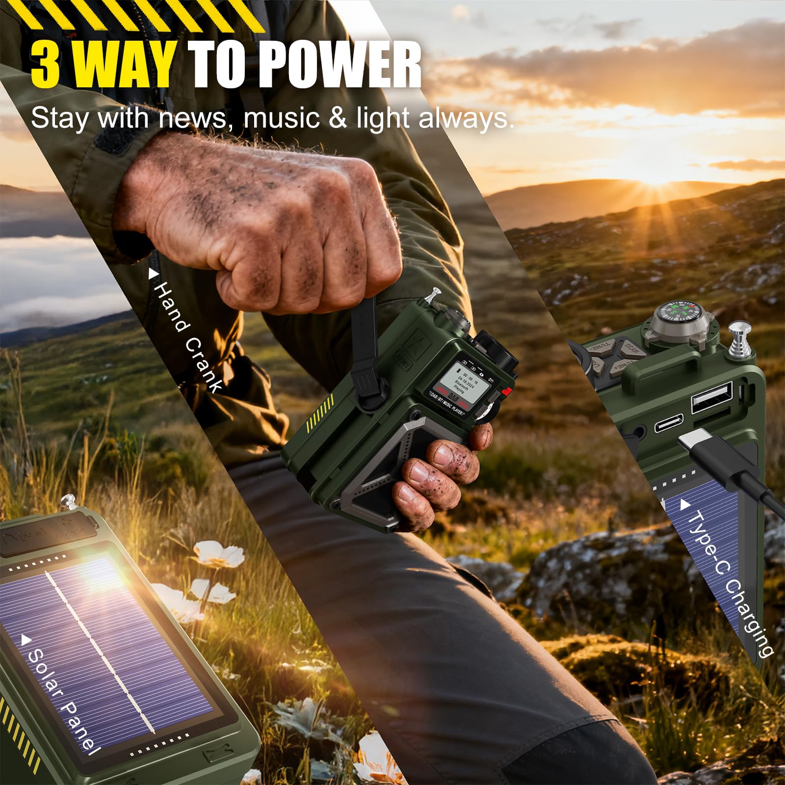 Radio DAB e FM portatile con Bluetooth 5.3, radio solare, batteria ricaricabile da 4000 mAh, radio a manovella con SOS, torcia, jack per auricolari, scheda SD, USB, radio a carica di emergenza
