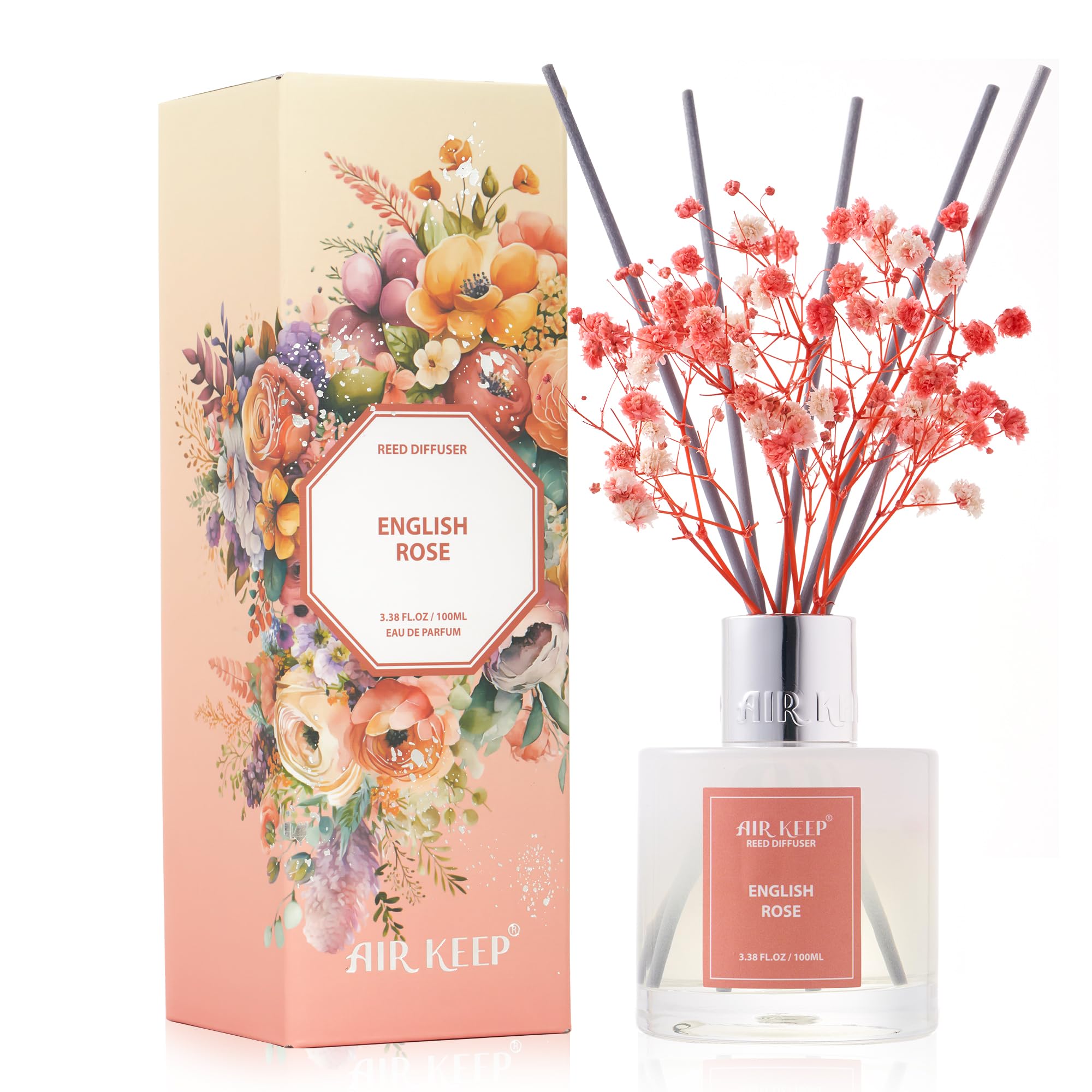 Airkeep Diffusor-Set, 100 ml – Englische Rosenöl-Diffusoren mit 8 Stäbchen, Raumduft-Diffusor für Badezimmer-Regal-Dekor
