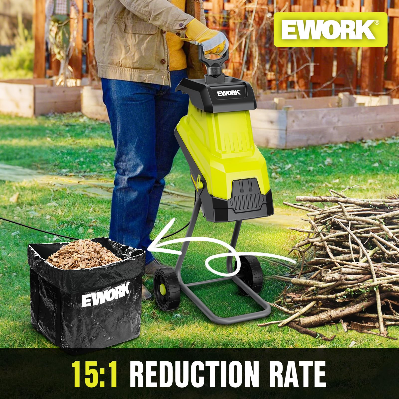 EWORK Trituradora eléctrica de madera de 15 amperios, alta relación de reducción 15:1 con 4 cuchillas de acero incluidas, capacidad de 1.77 pulgadas, trituradora de jardín para compostar ramas y