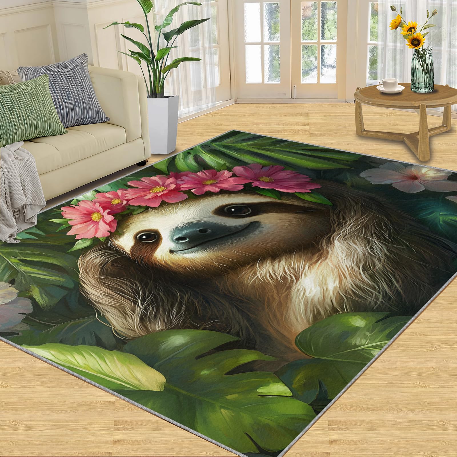 Tapis de salon rose motifs fleurs exotiques tapis intérieur doux chambre et décoration