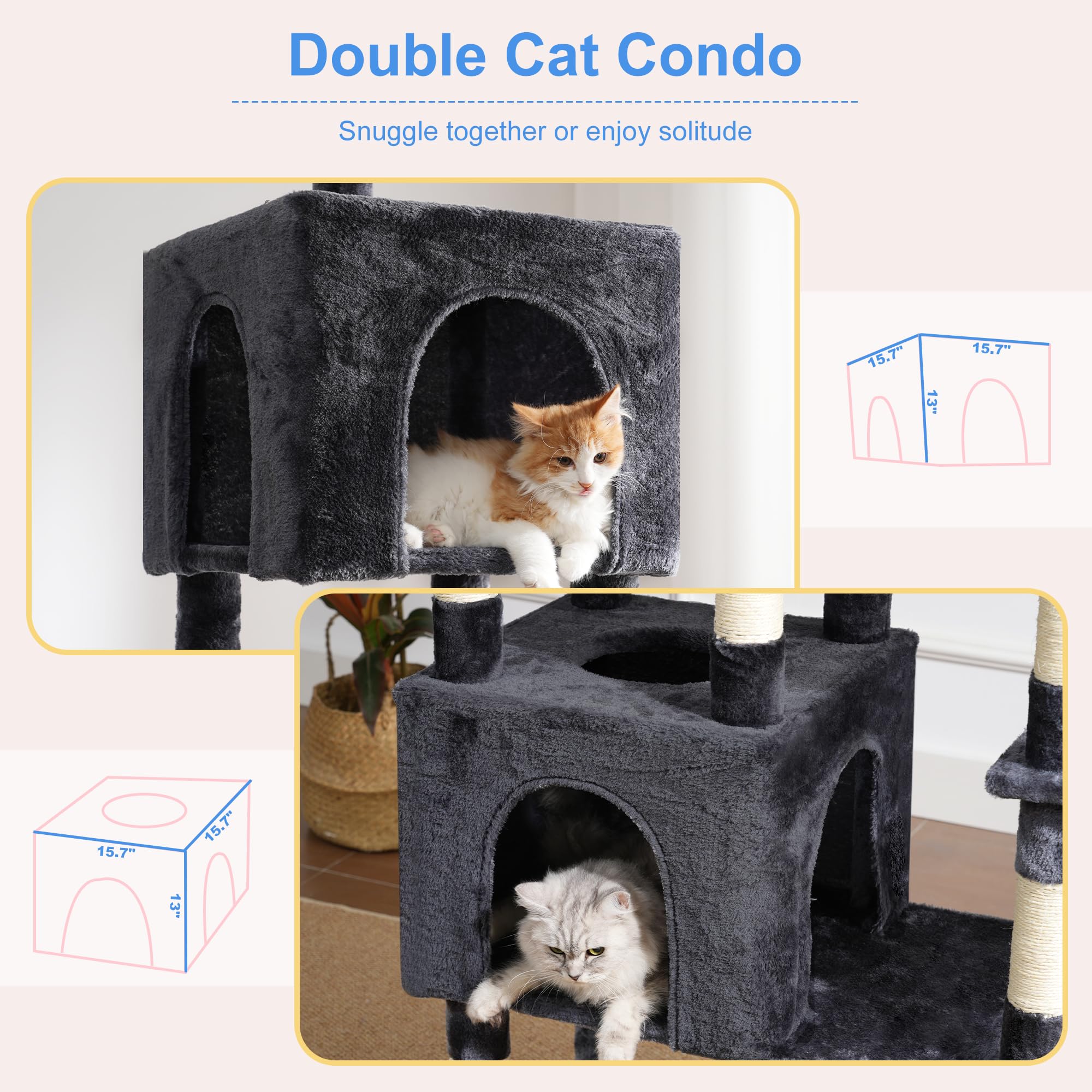 Heybly Albero Tiragraffi per Gatti XXL 193cm, Base Extra Large, Torre Robusta con 10 Pali in Sisal e 2 Amache per Gatti, 2 Cuccole Design, Arredo e Letto per Gatti Giganti, Grigio Fumo HCT039G