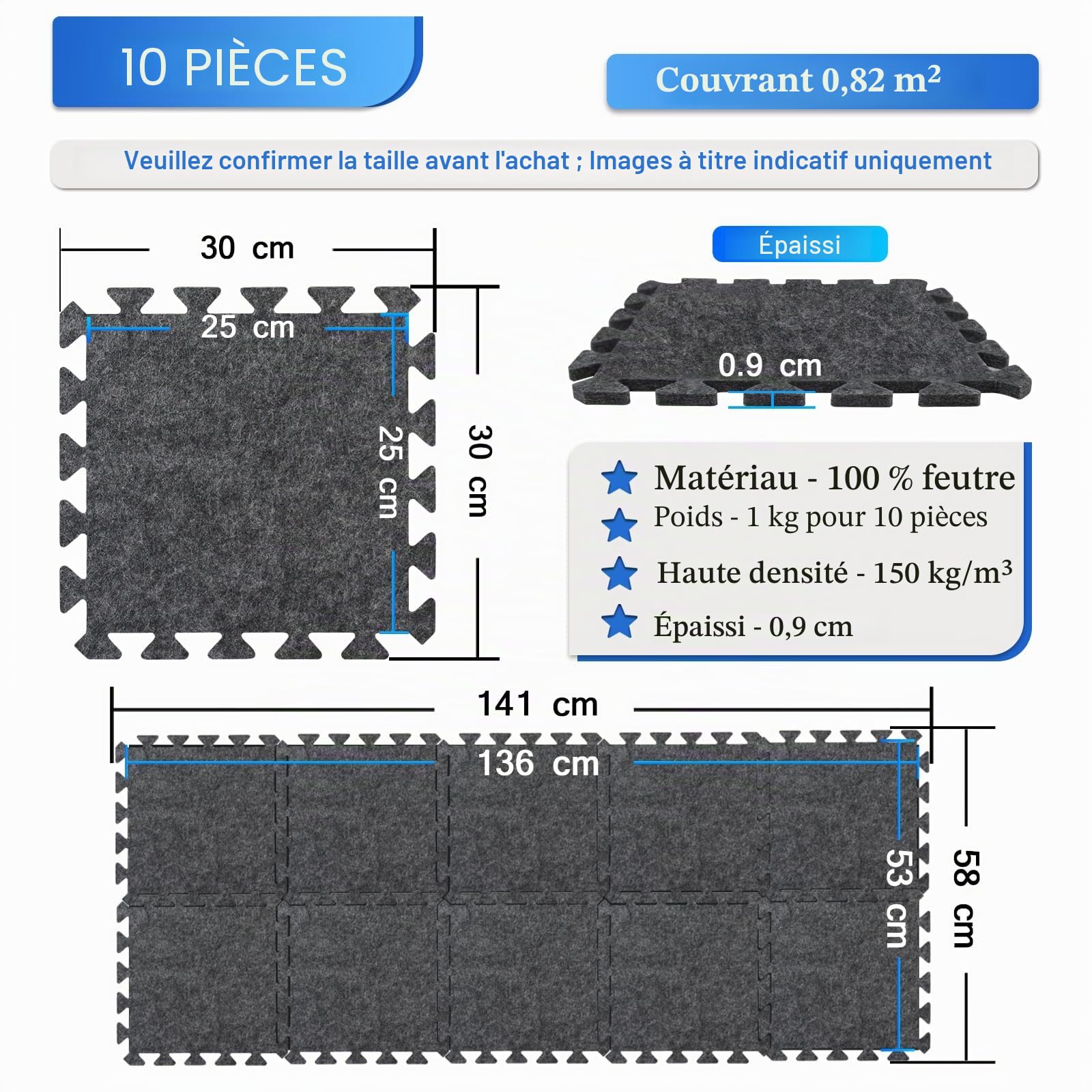 BXI Lot de 10 tapis insonorisants emboîtables - 28 x 28 x 0,9 cm - Antidérapant - Réduction du bruit - En feutre - Pour protéger et ajouter du coussin aux planchers en bois dur