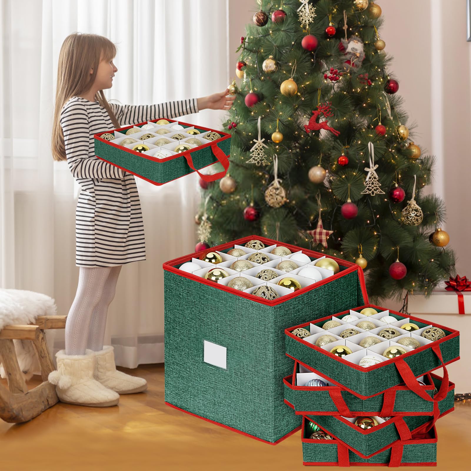 Weihnachtskugeln Aufbewahrung, Aufbewahrungsbox 64 Fächer | Aufbewahrungsboxen mit Deckel, Boxen Aufbewahrung mit 4 Ebenen, abnehmbare Griffe & Unterteiler (31,5x31,5x34 cm) - Grün Rot