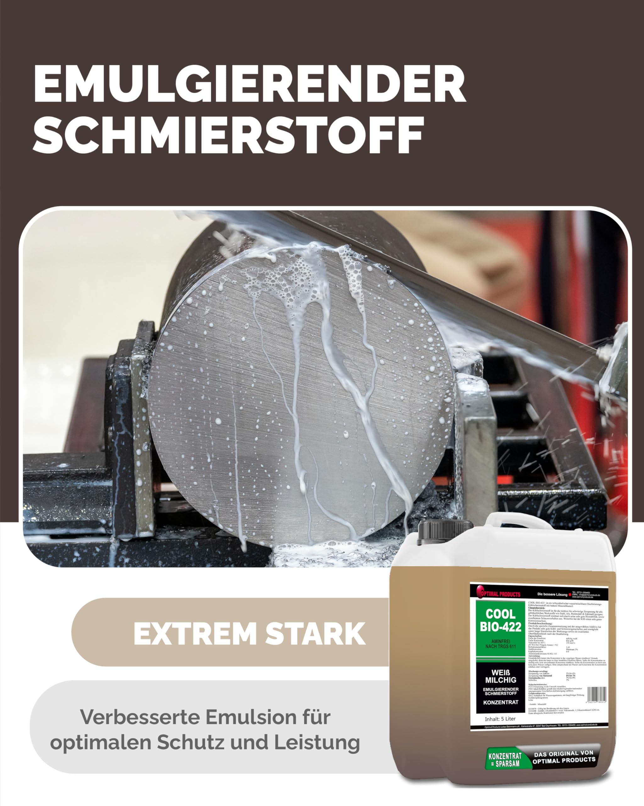 Optimal Products Kühlschmierstoff Cool Bio-422 5L - Wassermischbares Hochleistungs Kühlschmiermittel mit gutem Korrosionsschutz, Bohröl Schneidöl Metall