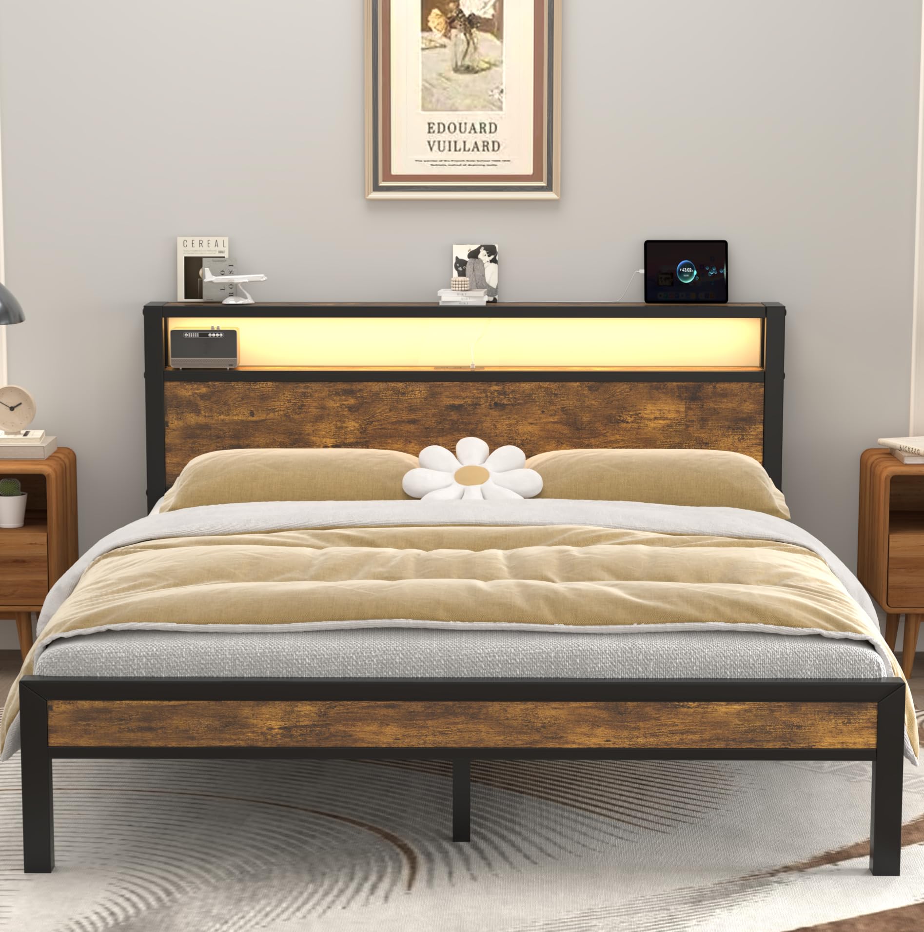 full size bed frame with led light and charging station, metal platform bed with storage headboard, heavy duty slats support, noise free, no box spring needed, brown