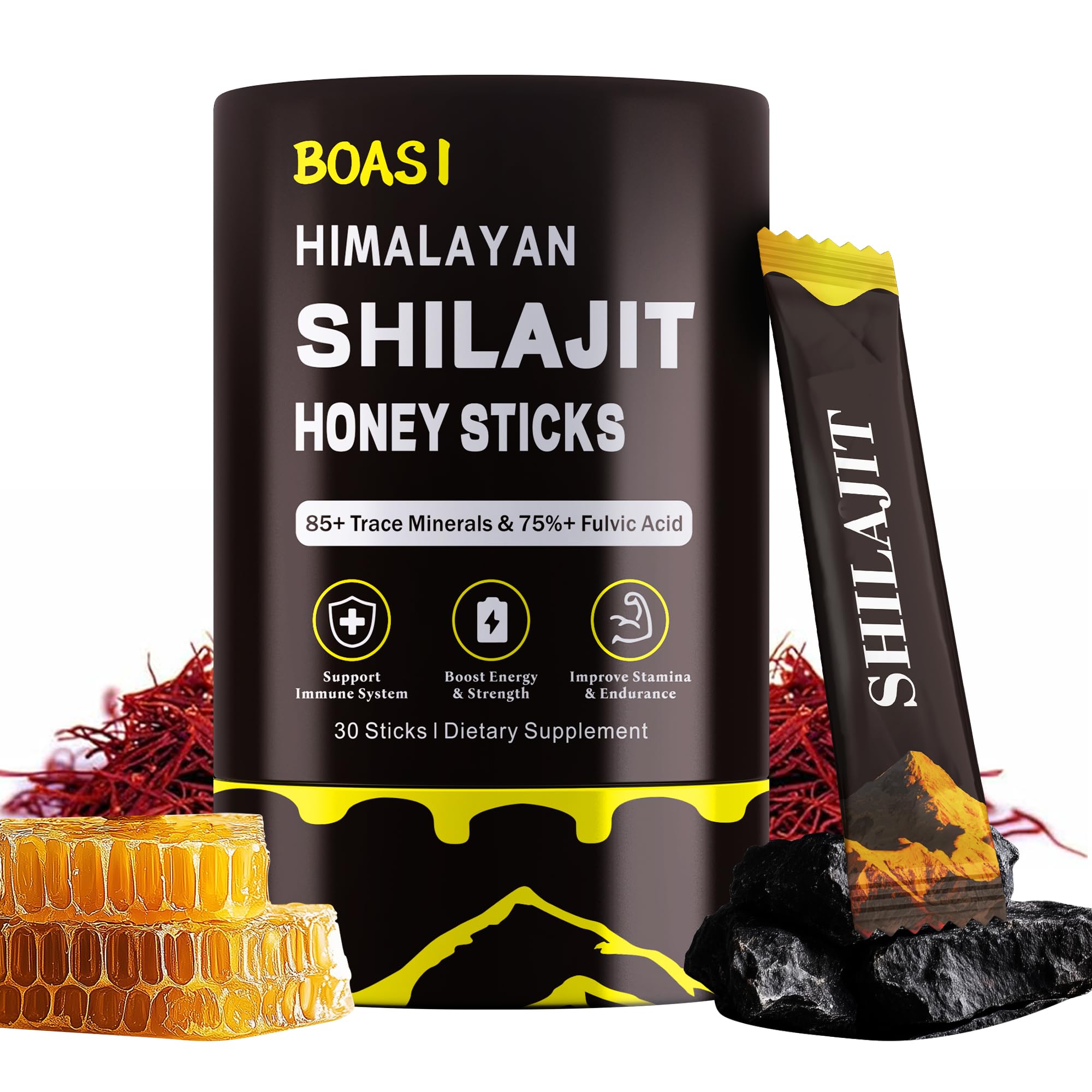Black Thai Honey for Men,Himalayan Shilajit Honey Sticks with Organic Saffron,Organic Premium Natural 30pcs,85+Trace Minerals,75%+ Fulvic Acid,Enhance Cognitive Functions Boost Energy&Strength