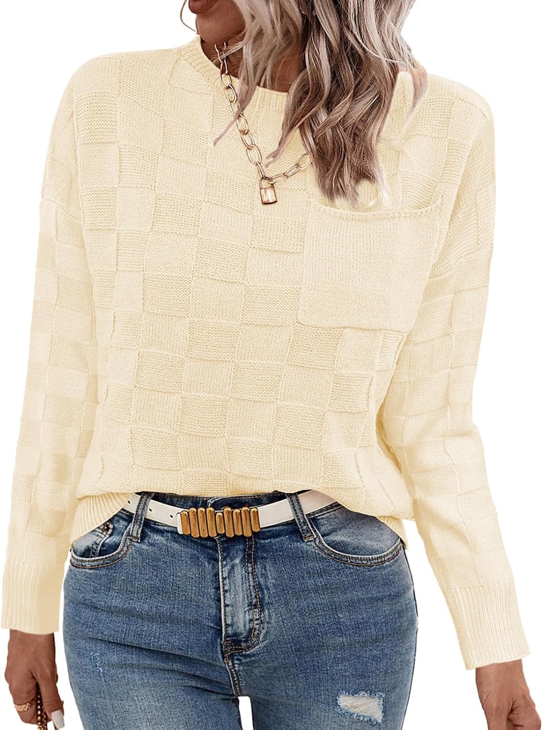 Women Lightweight Sweaters Crewneck Long Sleeve Block Knit Pullover Shirts Tunic Tops with Pocket Beige Large