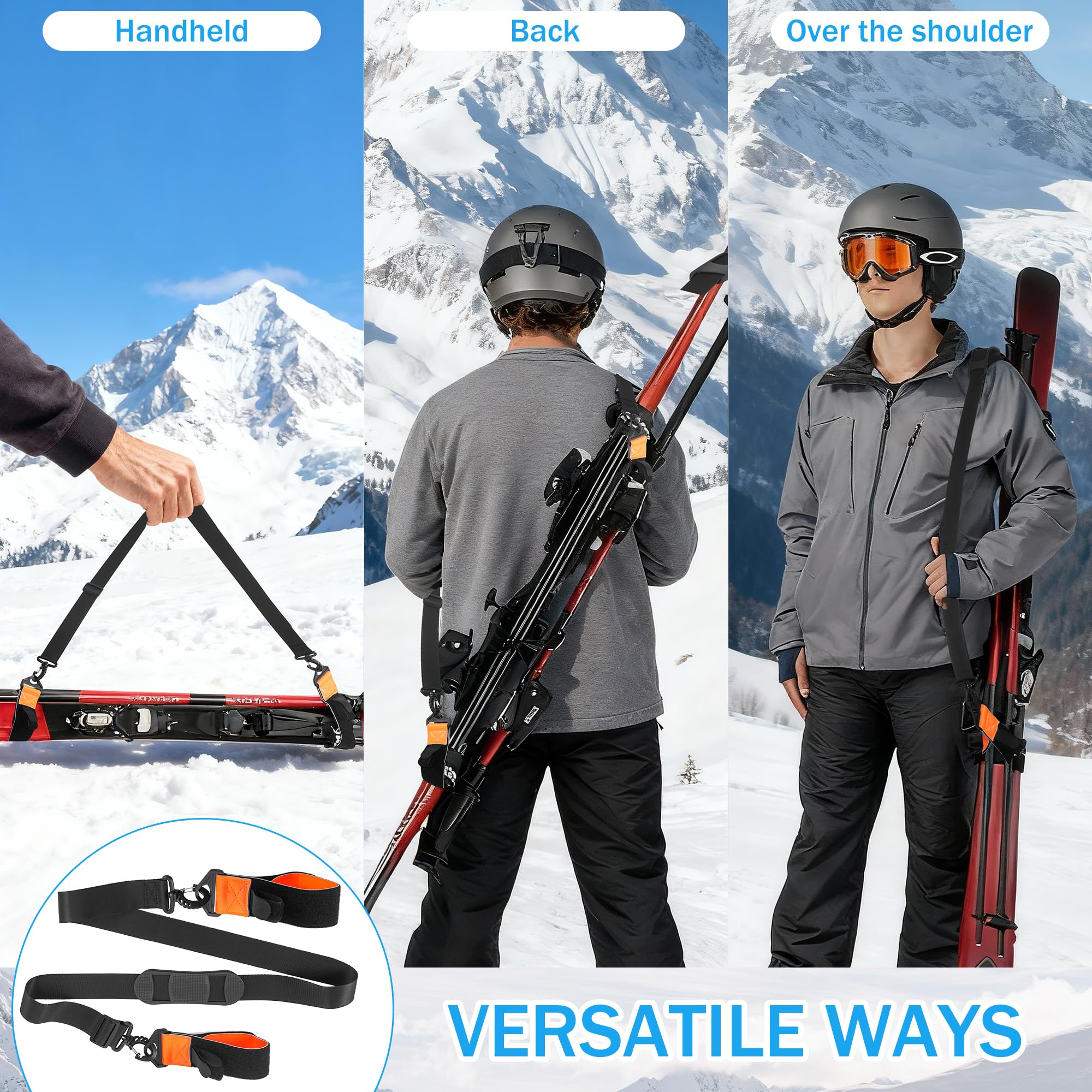 Sangle de Transport pour Skis Réglable 79-130cm, Porte Ski Dorsal avec Bretelle Confort