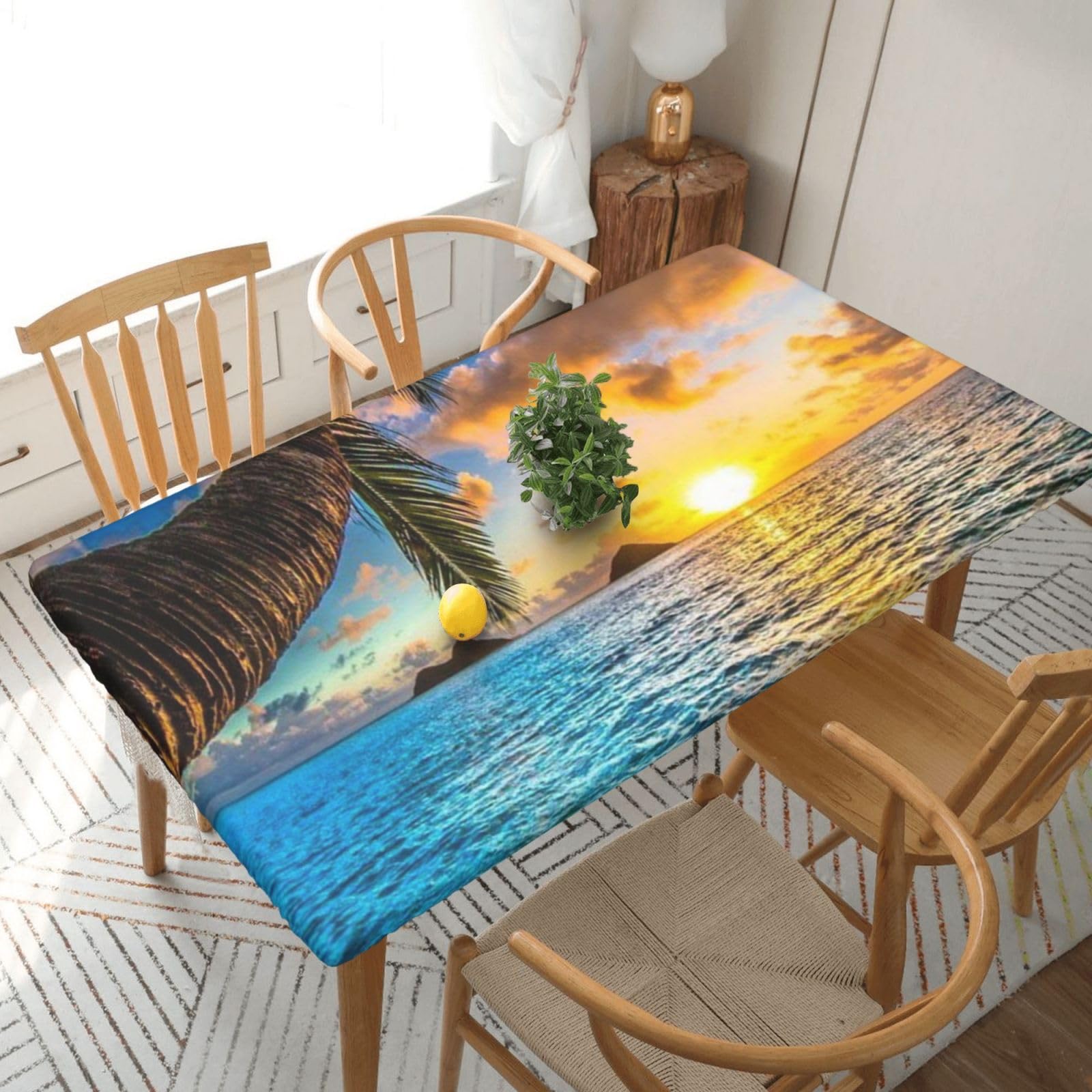 DCEHGEW Elastic Fitted Rectangle Tablecloth for 5ft Tables, Sunset Beach Printed Oilproof & Washable Fabric Picnic Table Cloth Table Covers