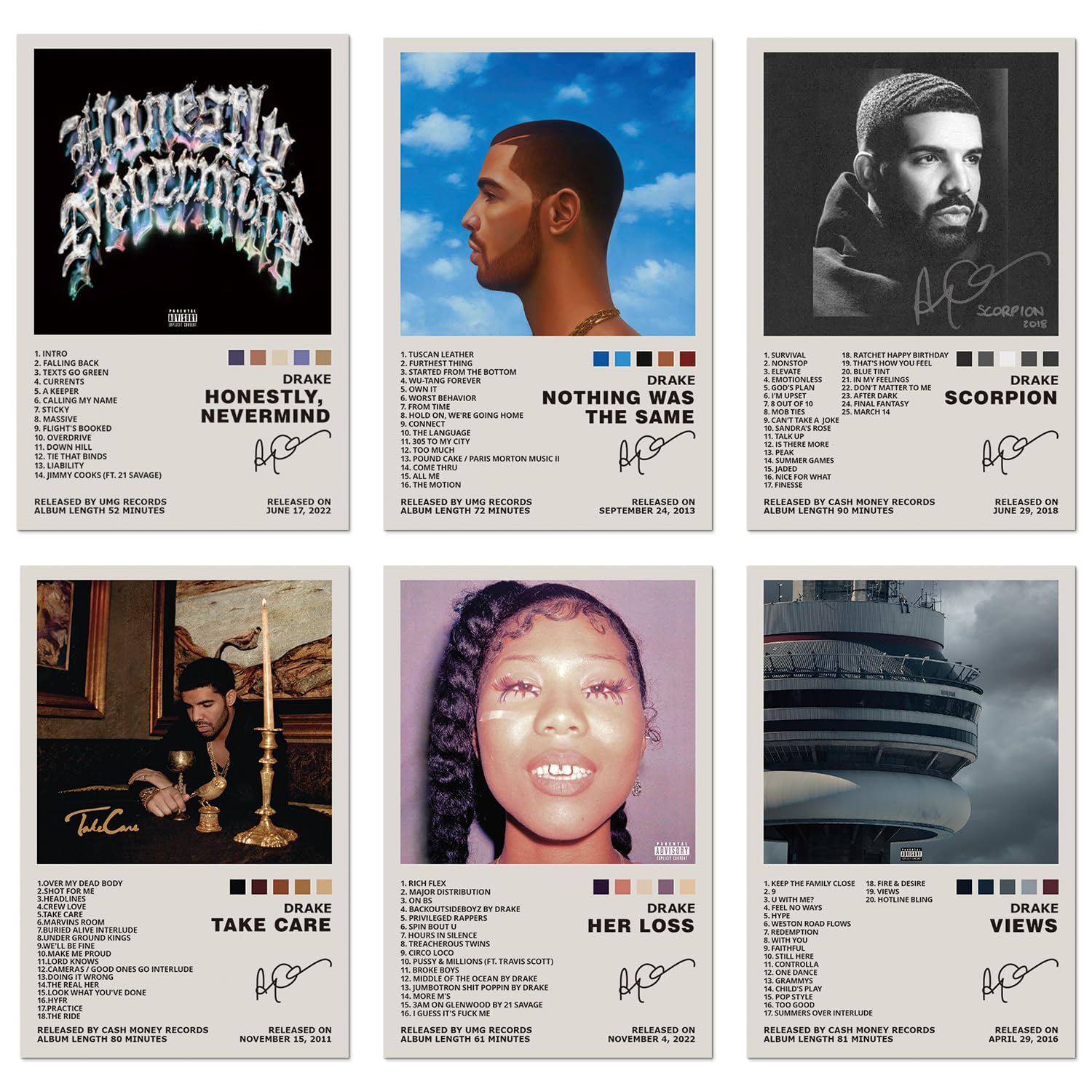 Lidy Set of 6 Drake Poster Music Album Cover Posters Set Merch Wall Art Decor Canvas Poster Gifts 8x12 inch (20x30cm, Unframed)