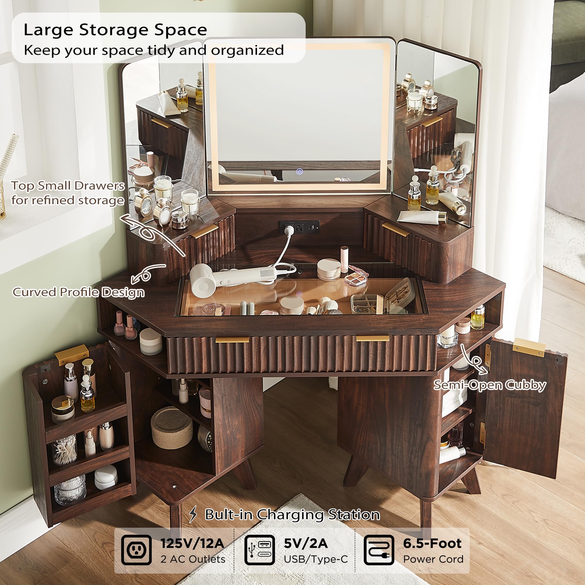 Schminktisch mit Rillenoptik, 3-Wege-Spiegel & Beleuchtung, 122 cm Eck-Kosmetiktisch mit Glasplatte, 3 Schubladen, Stauraum & Ladestation, Dunkel-Walnuss