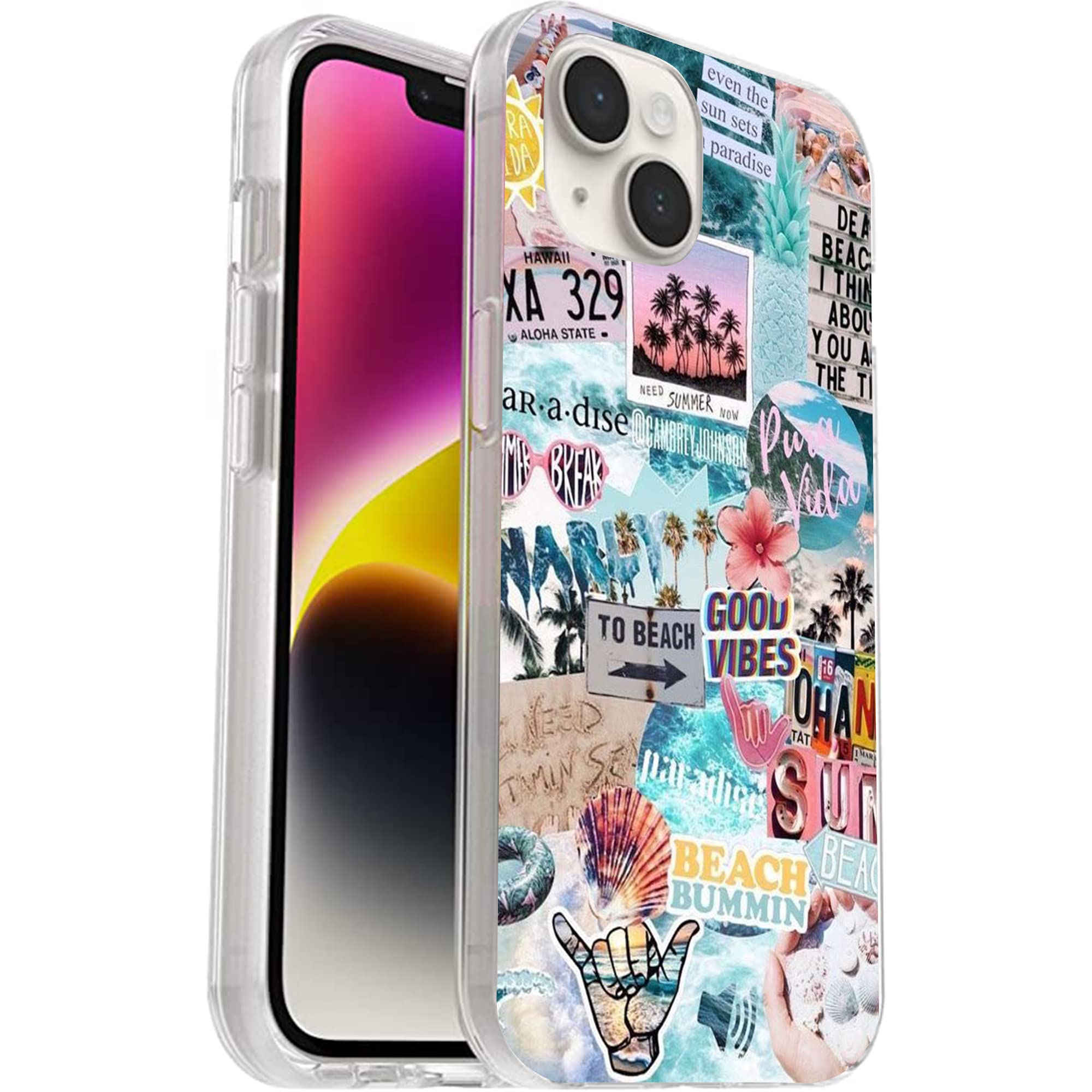 JIHANFENYUE Compatible with iPhone 14 Case - Vintage Vibe Collage Aesthetic Retro Beach Seashells Palm Design Soft TPU Stylish Slim Protective Case