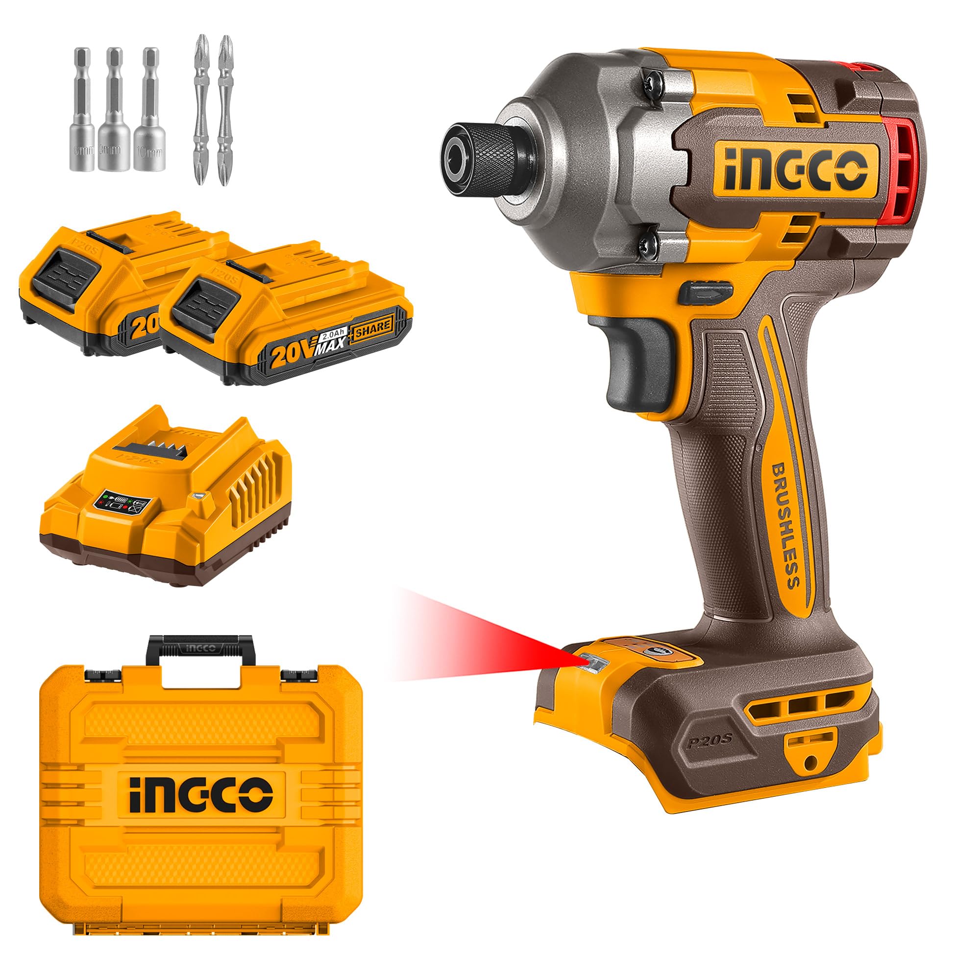 Amazon | INGCO 20V ブラシレスインパクトドライバー 285Nm 2個の2.0Ah