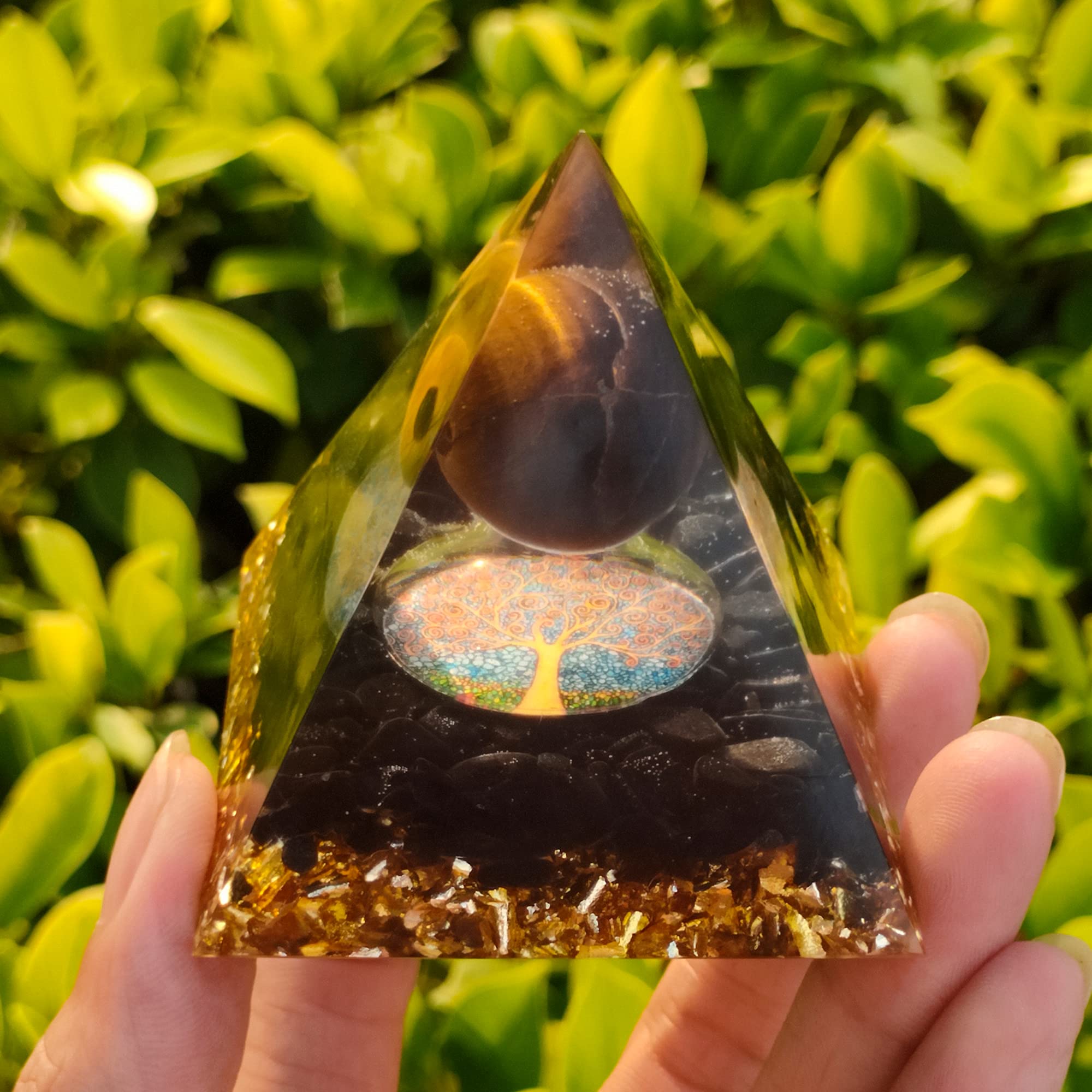 RUNFNG Tree of Life Orgone Pyramid for EMF Protection, Tiger's Eye Reiki Healing Chakra Meditation Obsidian Pyramid Balancing Positive Energy Generator Resin Pyramid with Gift Box