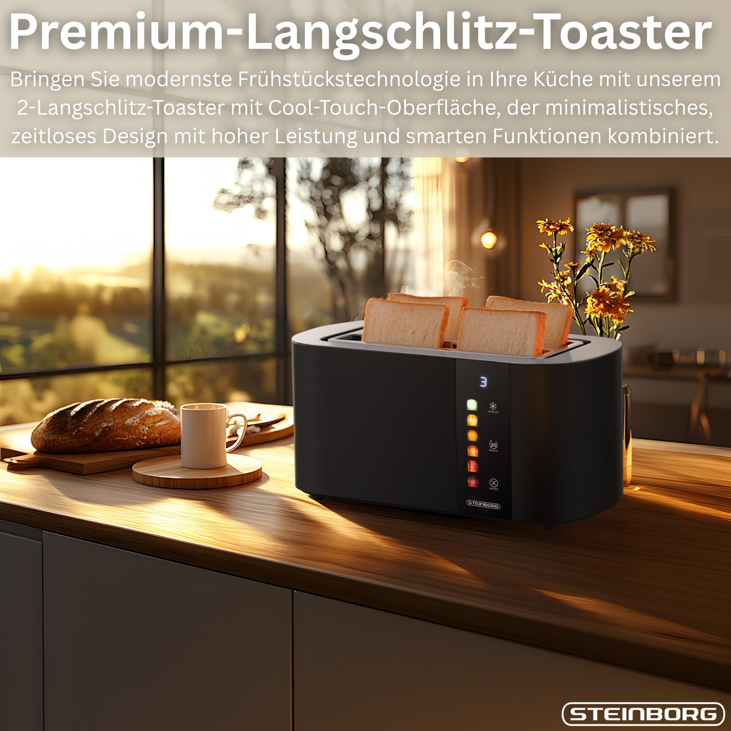 Steinborg® Automatik Toaster 4 Scheiben mit Brötchenaufsatz Langschlitztoaster Automatische Liftfunktion ohne Hebel - Toastautomat Digitales Display Brotzentrierung Restzeitanzeige Abschaltautomatik