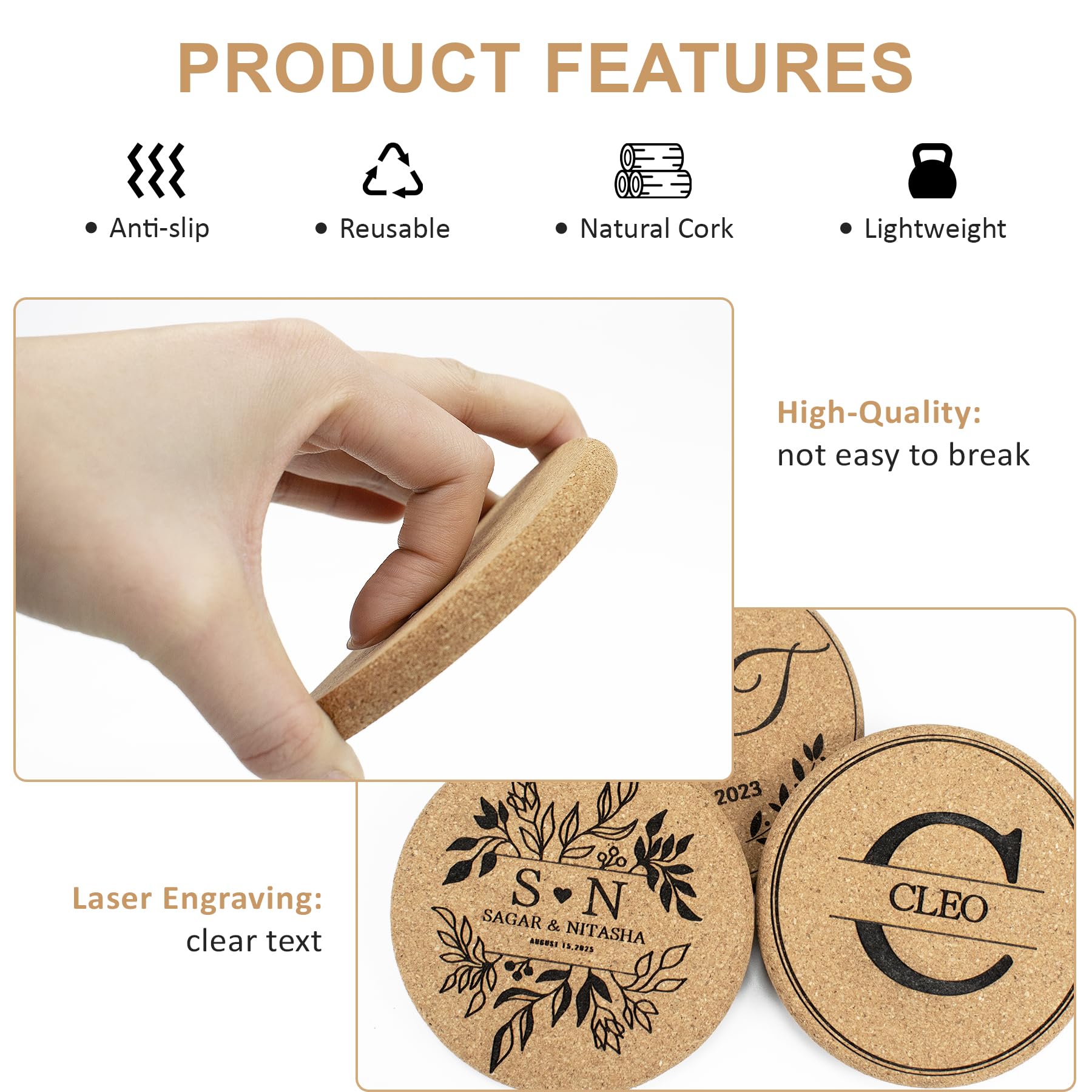 30-100 posavasos de corcho personalizados para bebidas, redondos de 4 pulgadas, recuerdos de boda para invitados, posavasos personalizados a granel con imagen de texto grabado con láser o