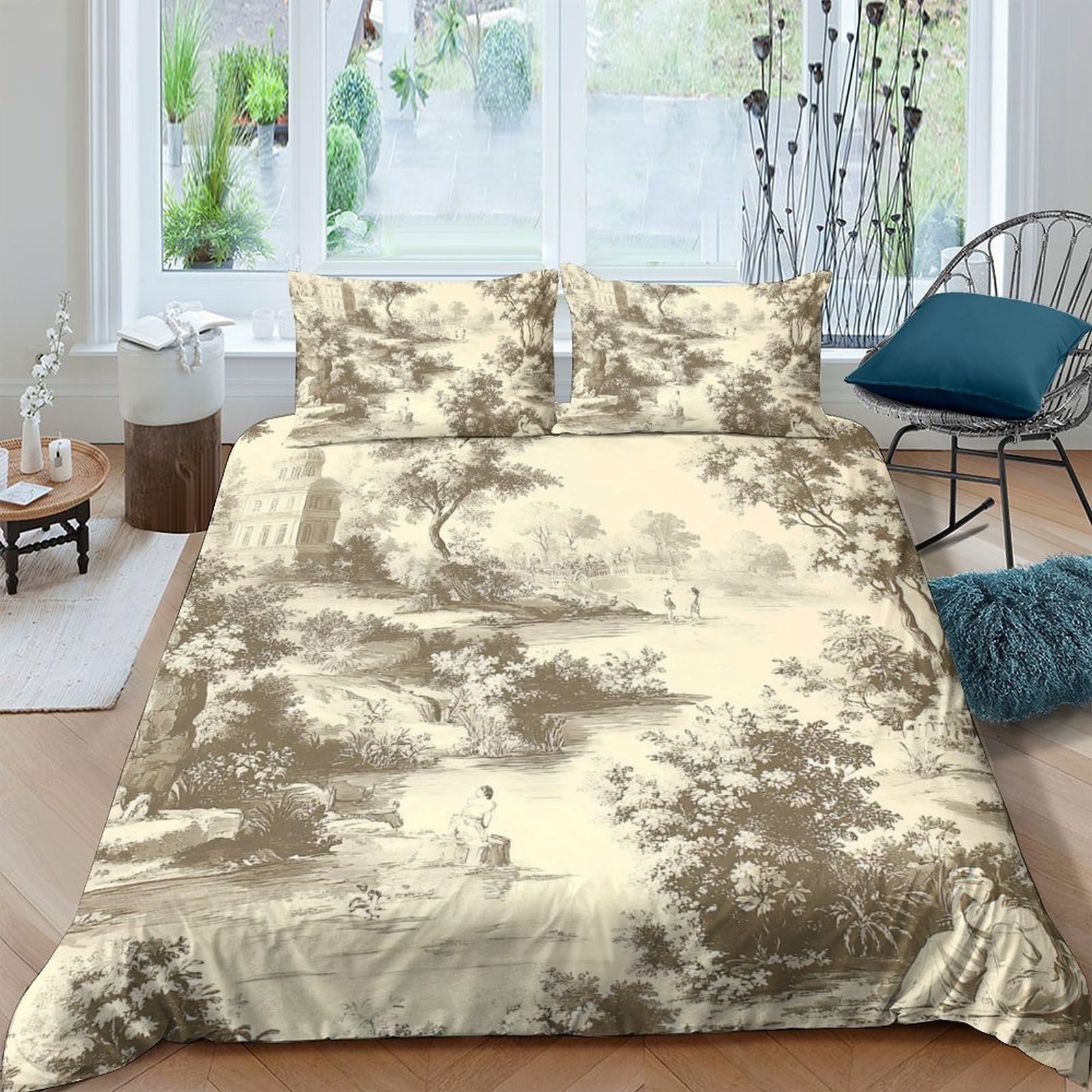 GPLZQXKJNH 3D Printed Forest Landscape Duvet Cover Microfiber Soft Breathable Vintage Woodland Bedding Set with 2 Pillowcases for Bedroom Decor Single（135x200cm）