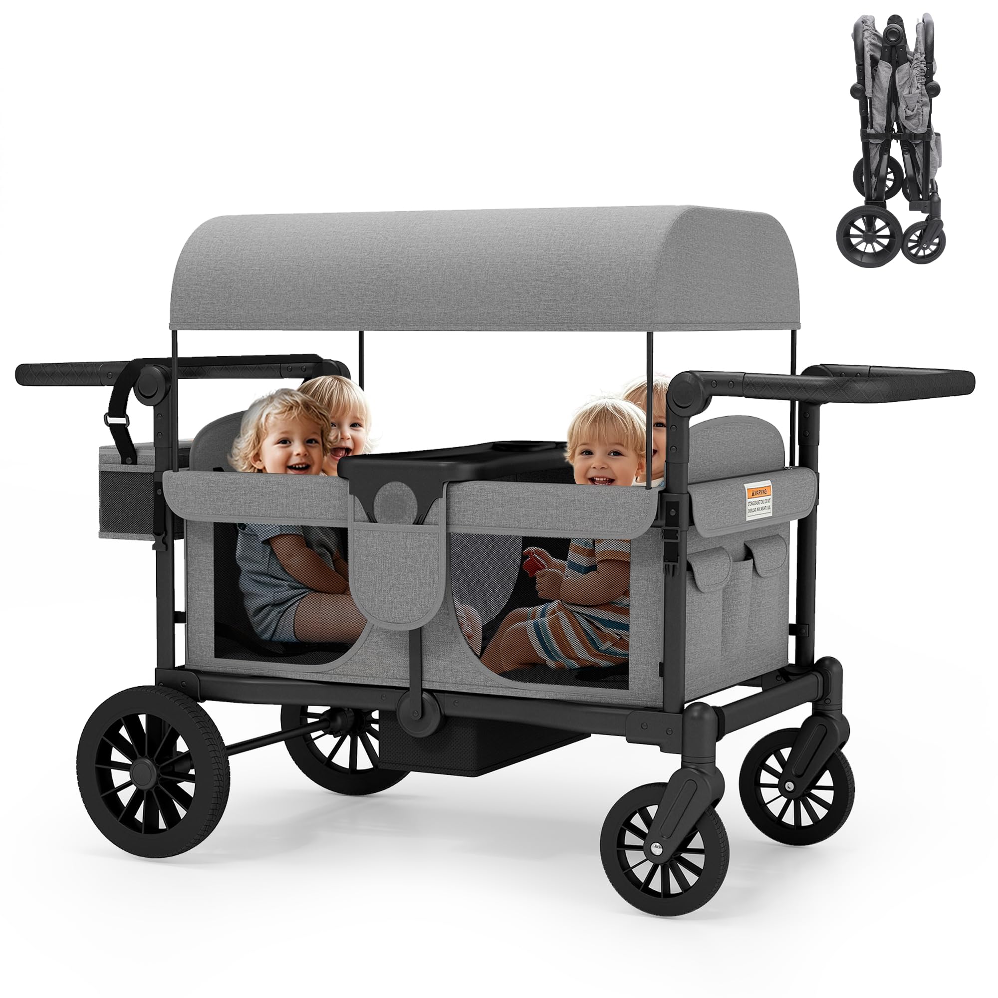 TOLEAD Wagon Stroller for 4 Kids, Foldable 4 Seats Outdoor Stroller Wagon with Canopy, Adjustable Handlebars, 5-Point Safety Harness, Detachable Tray,