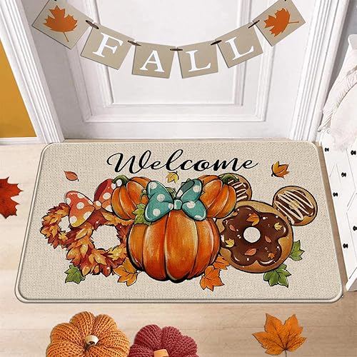 Miniatura 7 de Juego de 2 alfombras de cocina con diseño de calabaza y ratón de dibujos animados de bienvenida, otoño, hojas de arce, corona, dona, decoración de