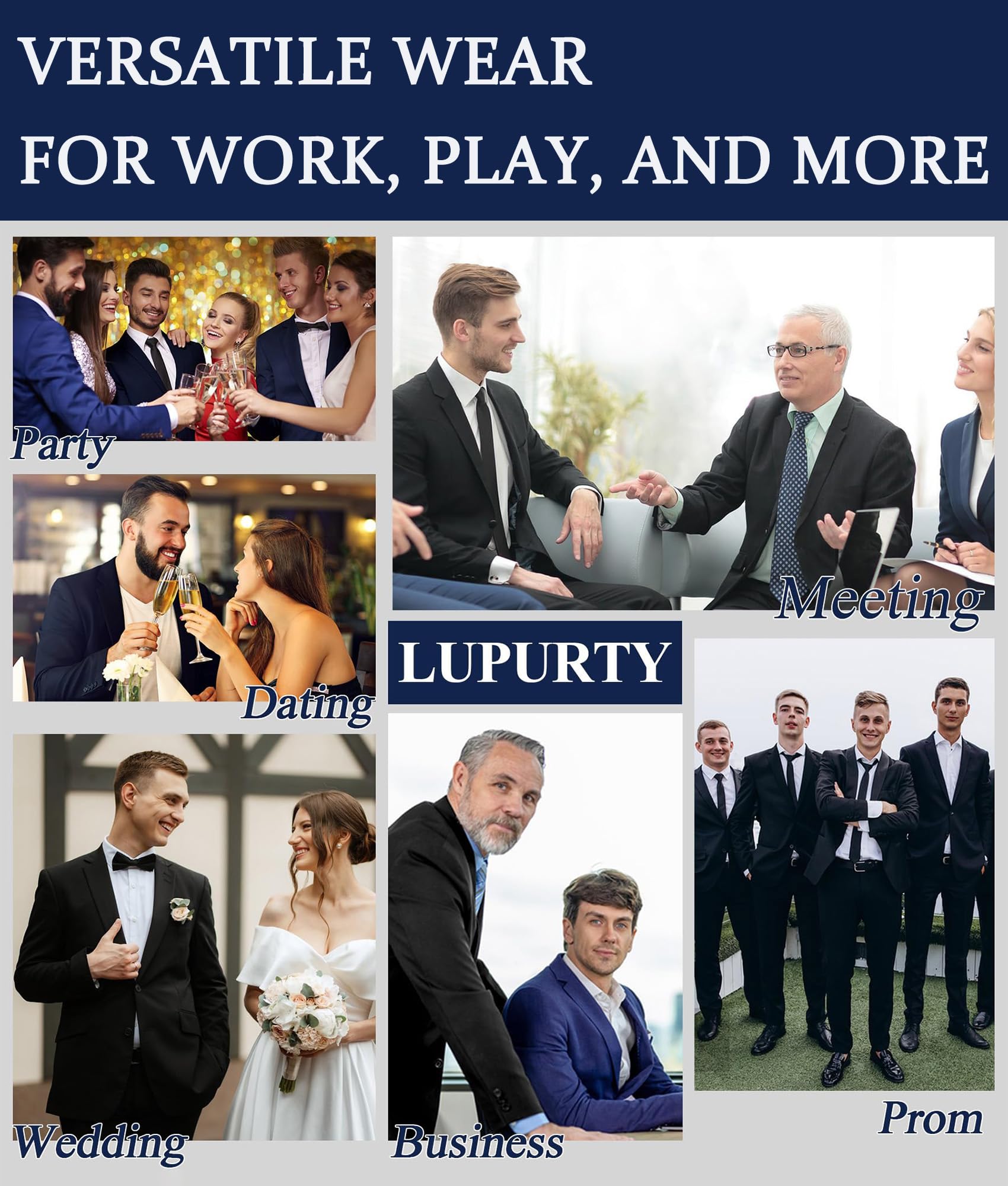 LUPURTY - Traje de 3 piezas para hombre, ajustado, traje para negocios, boda, fiesta, 2 botones, blazer de esmoquin, chaqueta, chaleco y pantalones