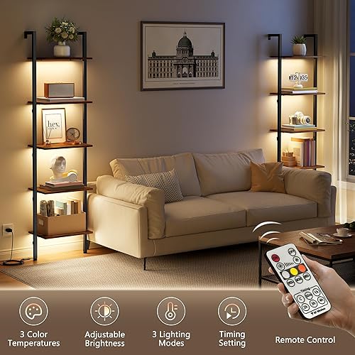 Miniatura 8 de Tajsoon - Estantería de escalera de 5 niveles con luz LED, estantería de escalera montada en la pared con marco de metal, estantería de escalera de