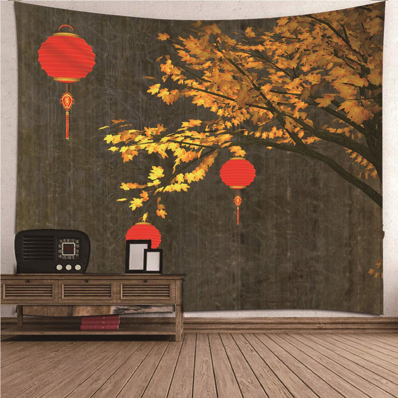 Dywan na ścianę skandynawski, gobelin, dekoracja na ścianę, 350 x 256 cm, ozdoba na ścianę, psychodeliczna, latarnia, drzewo klonowe, dywan ścienny do sypialni, salonu, dekoracja