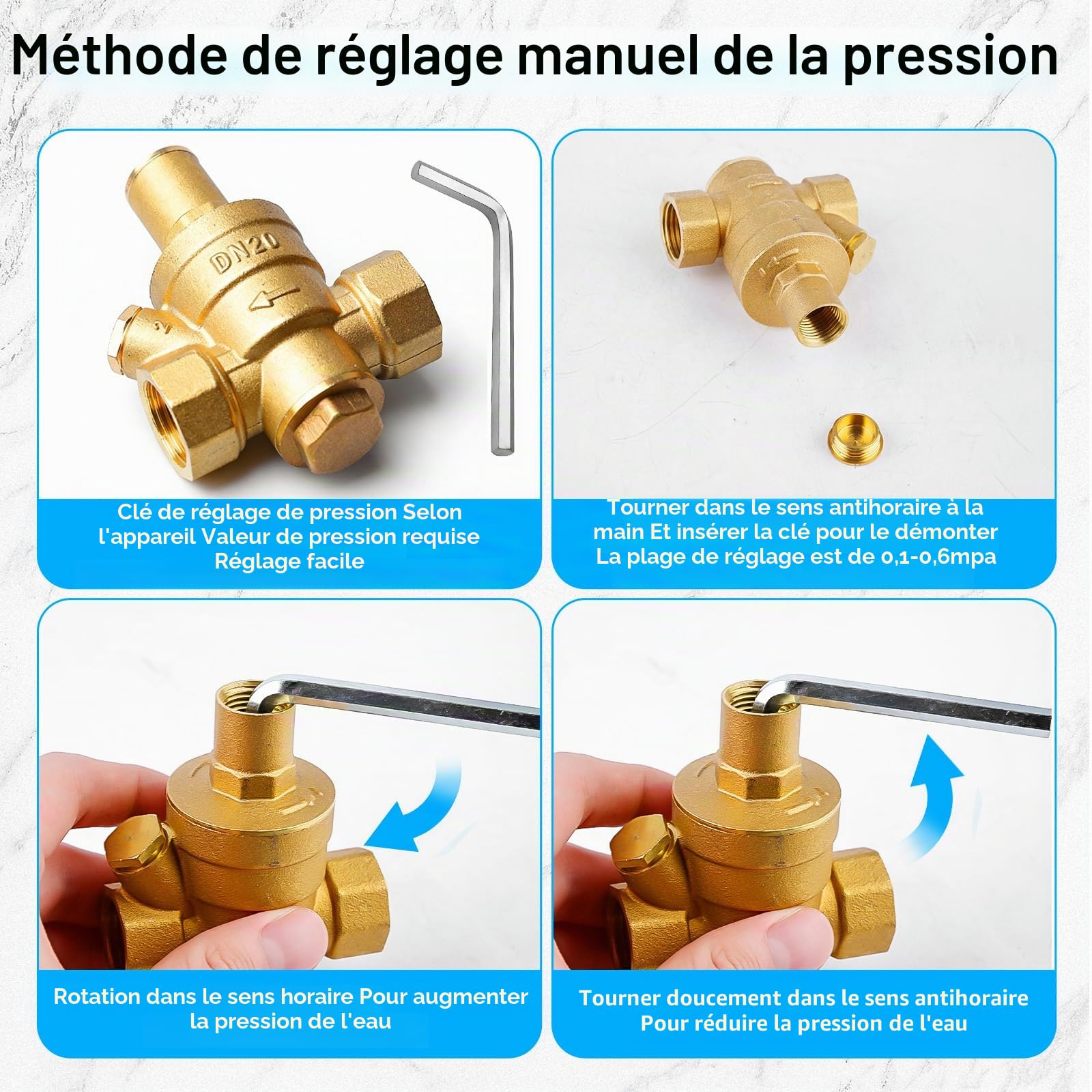 Réducteur de pression d'eau 3/4 pouces DN20 avec manomètre, réducteur de pression d'eau en laiton, régulateur de pression d'eau réglable réducteur de pression 1,6 MPa régulateur
