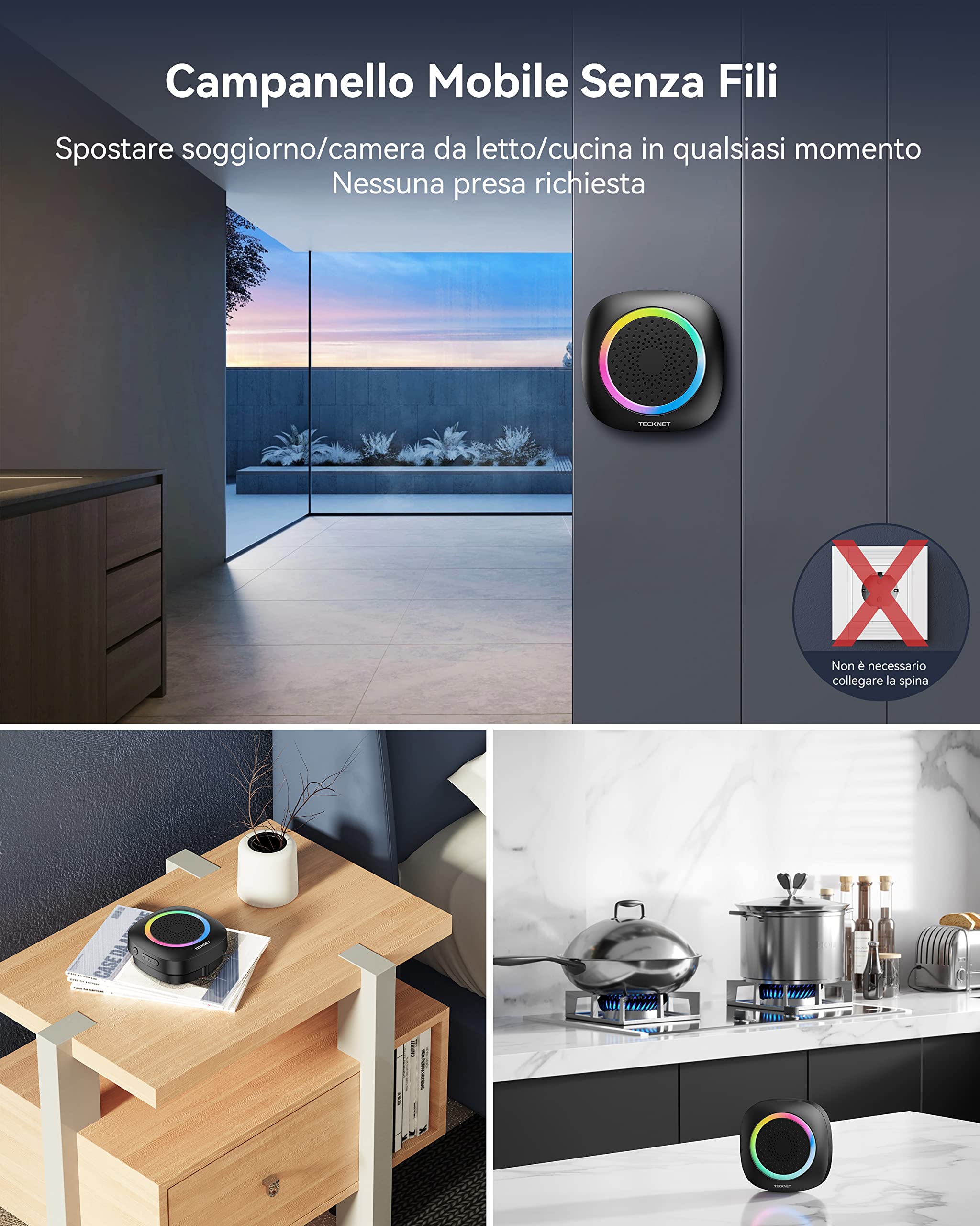 TECKNET Campanello Senza Fili Alimentato a Batteria Impermeabile IP66, Portata 400M, 5 Livelli Volume 60 Melodie, Batteria Rimovibile RGB Campanello Wireless Esterno per Casa, Ufficio, Emergenza ecc