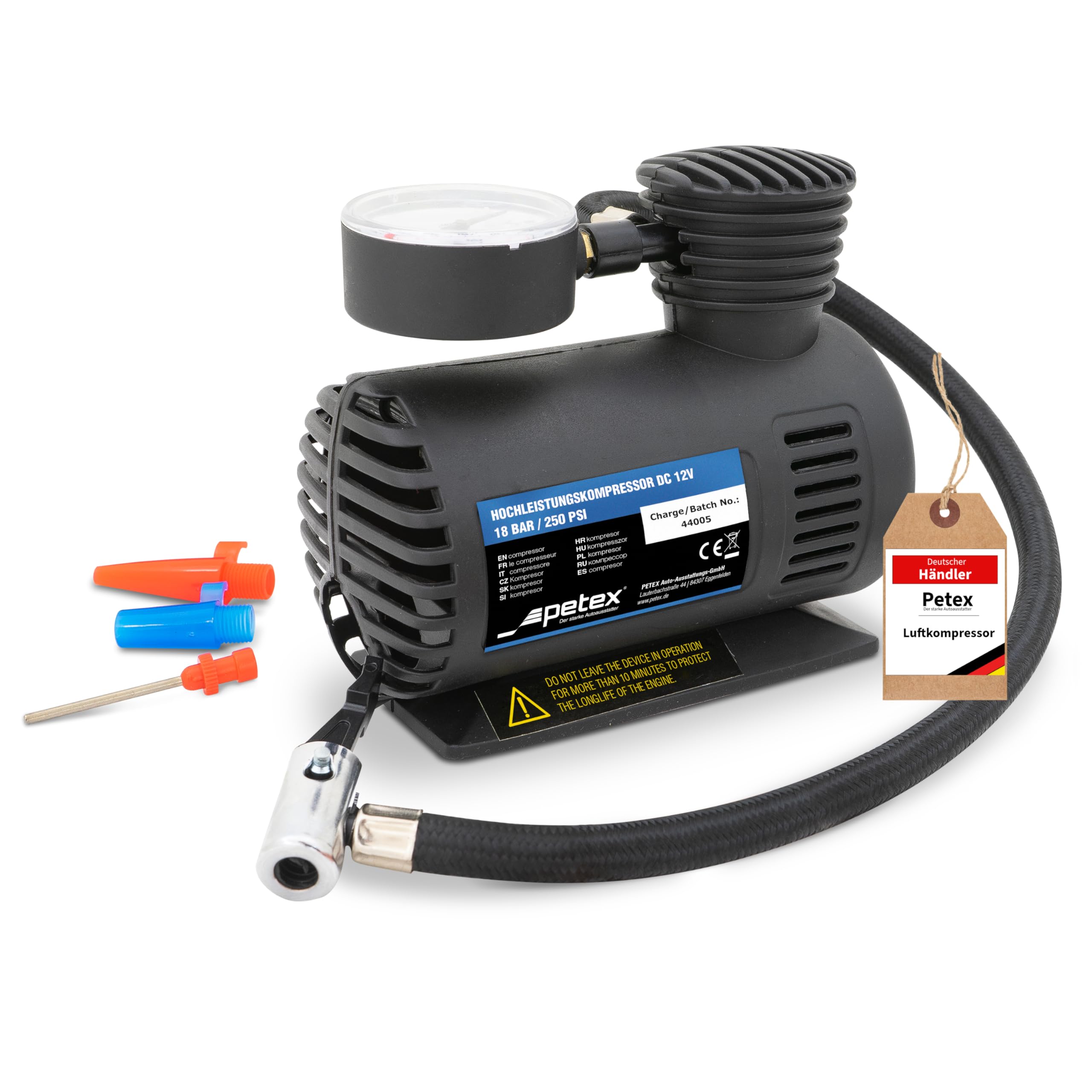 PETEX 445110 Air Compressor 12 V 18 Bar with 3 Pieces Adapter set