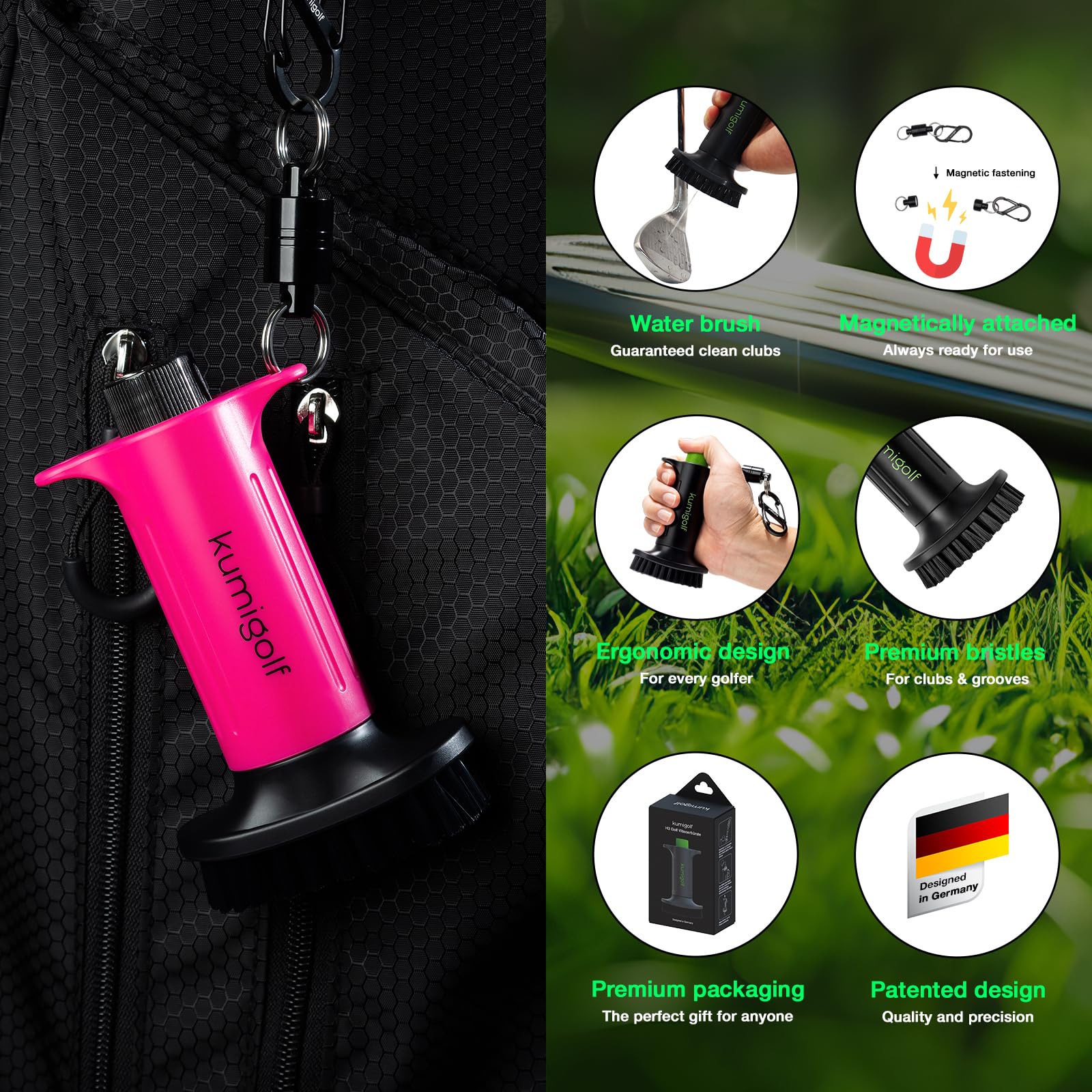 Cepillo de agua H3, función de pulverización y clips magnéticos, cepillo para palos de golf y limpiador de club de golf, cerdas de nailon de alta calidad y fuertes para superficies de palo,