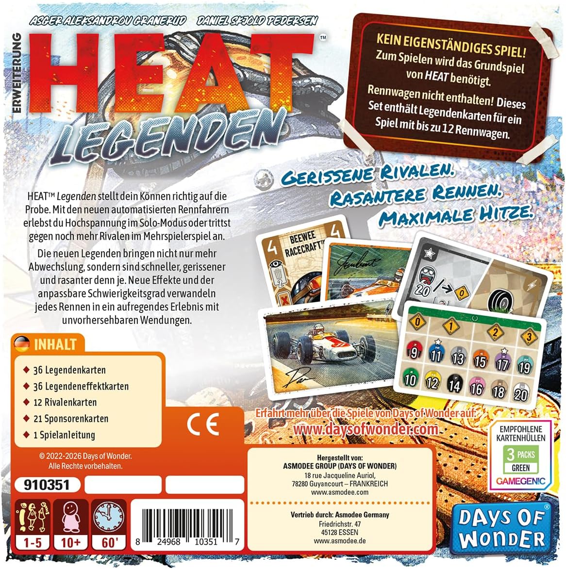 Asmodee, Heat Legends, German Version, Connoisseur Game Expansion for 1-5 Players from 10 Years, Faster Racing, Maximum Heat - A Racing Game with 60 Minutes Playing Time per Game