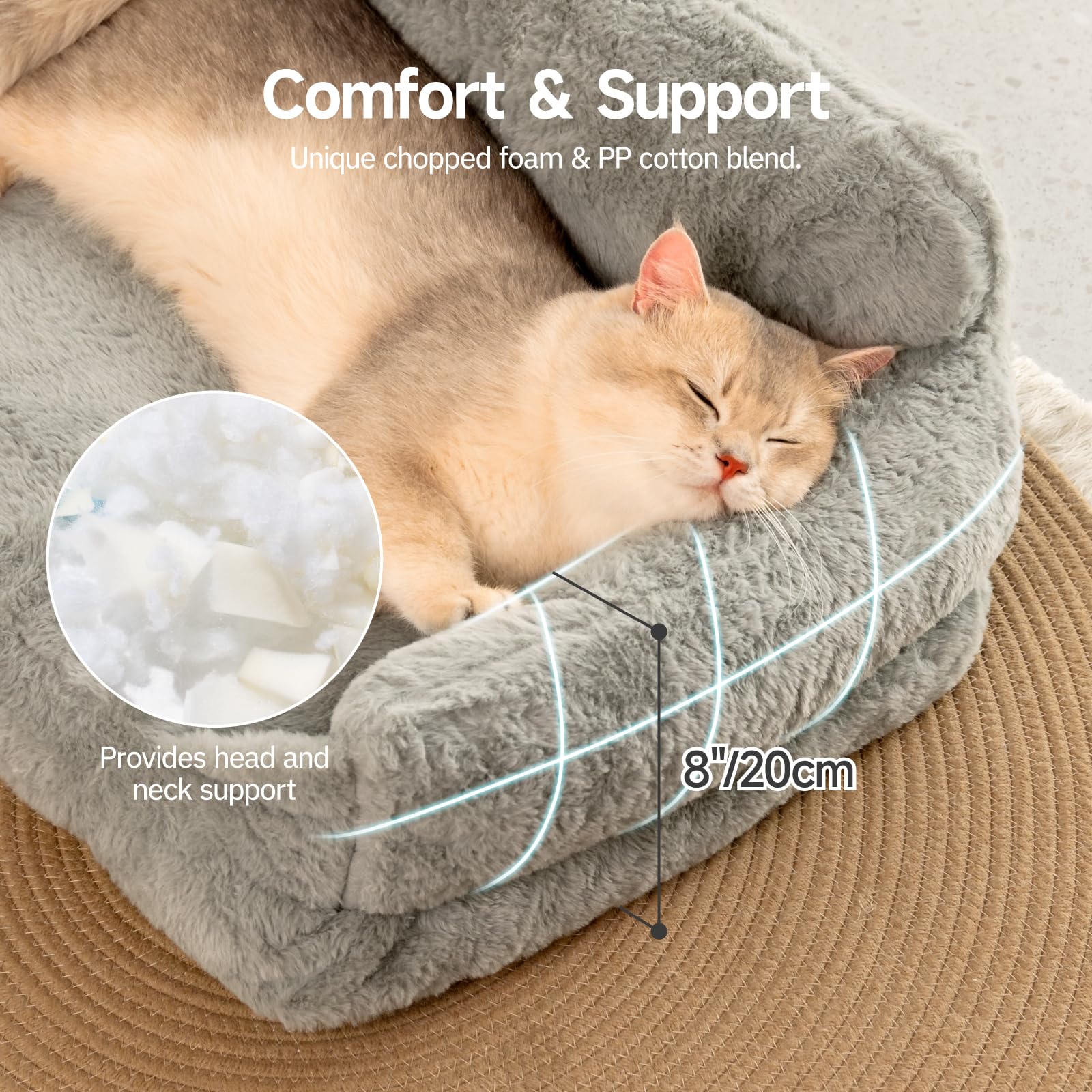 MEWOOFUN Katzen Sofa Katzenbett für Wohnungskatzen, Niedlich Kätzchen Bett Haustiersofa mit abnehmbarem, waschbarem Bezug und Rutschfester Unterseite für kleine Hunde (Grau, M)