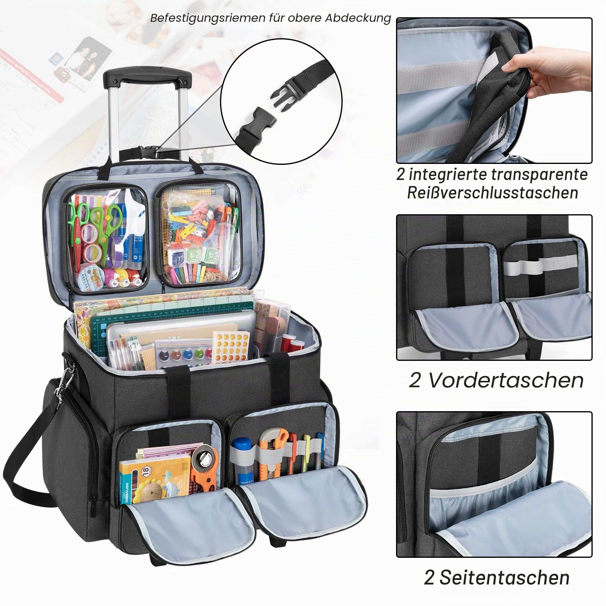 CURMIO Scrapbook Rolling Totes, Scrapbooking Aufbewahrungstasche mit Abnehmbarem Trolley, Handarbeitstasche für Scrapbooking-Zubehör und Bastel, Schwarz