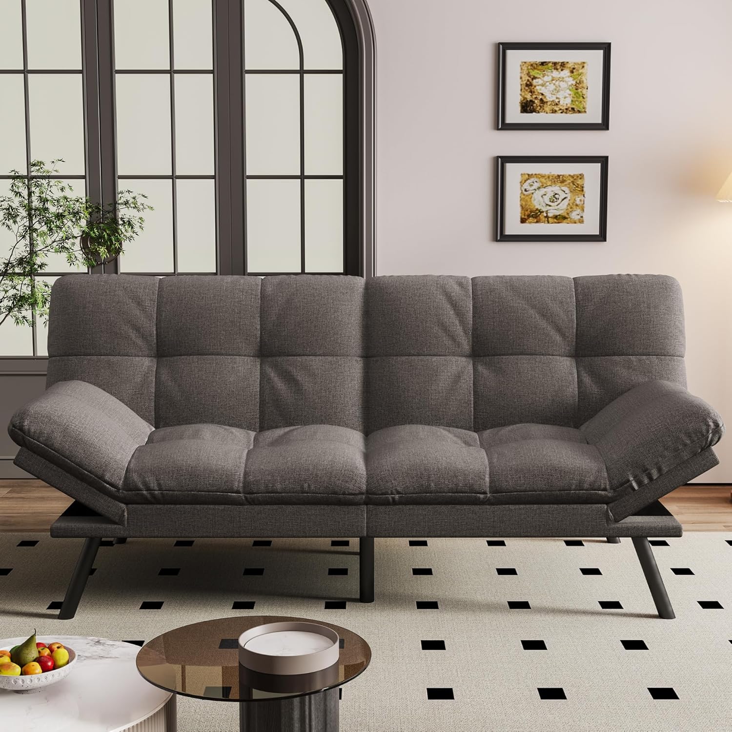 Vipbear 71" Convertible Futon Sofa Bed,Grey Linen Fabric Futon Couch with Detachable Cushion,Adjustable Backrest & Armrest,Modern Loveseat Sleeper Recliner for Living Room,Office,Apartment