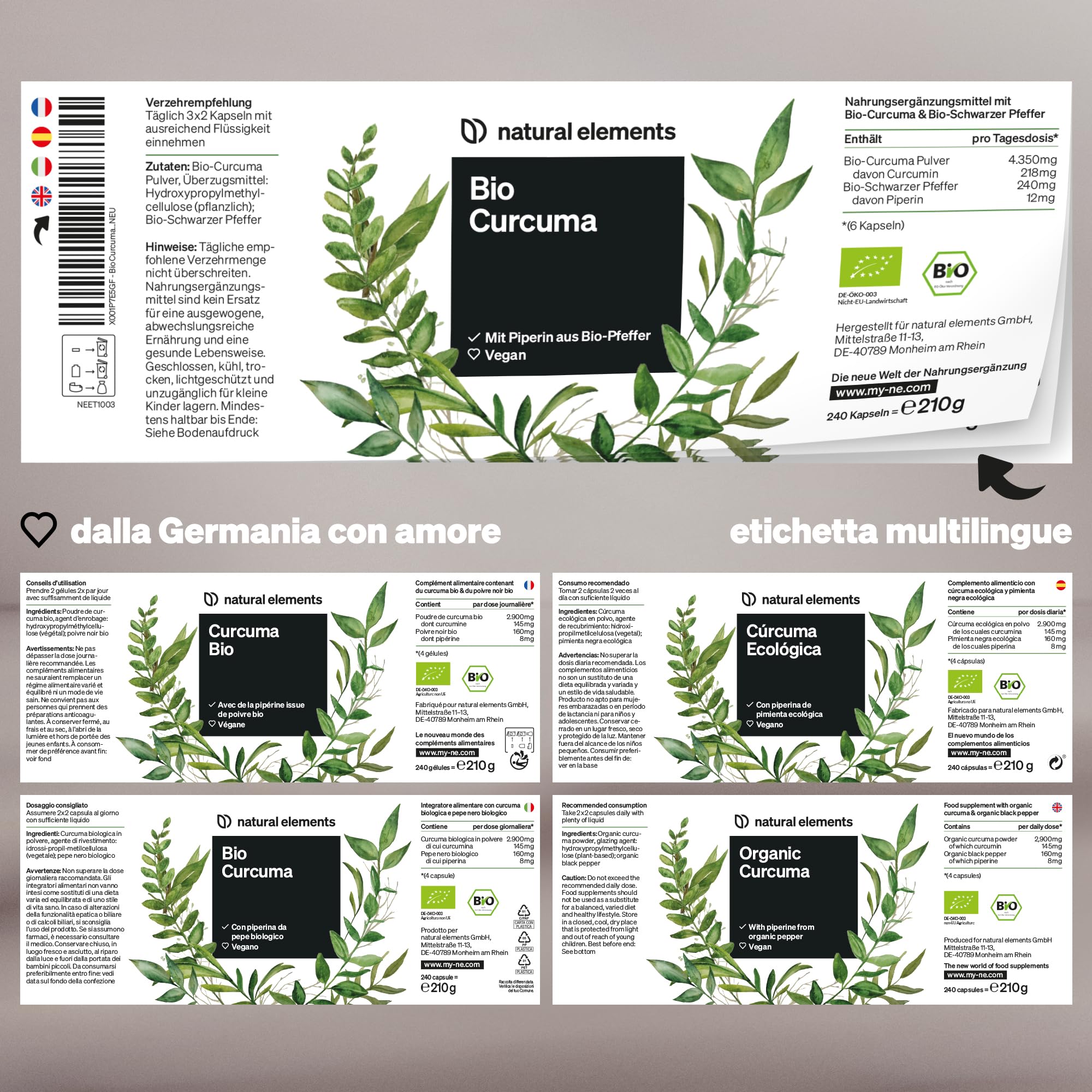 Curcuma e Piperina Plus – 240 capsule – 2.900mg di bio curcuma per dose giornaliera – con curcumina e pepe nero – ad alto dosaggio, vegana – prodotta e testata in laboratorio in Germania