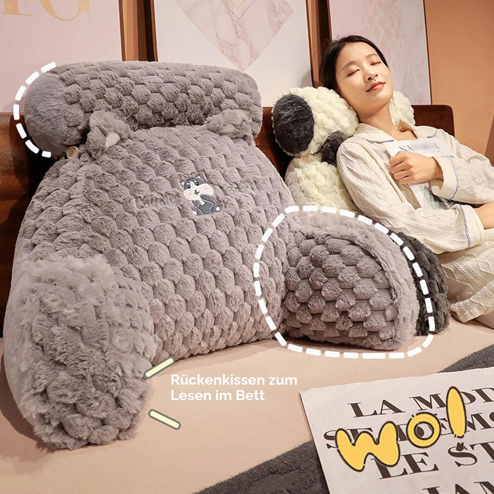 Lesekissen, großes Rückenkissen zum Aufsitzen im Bett, große Keilrückenlehne für Erwachsene und Kinder mit Armlehnen, Rückenstütze für Couch und Bettruhe, Rückenstützkissen(Size:75×50CM,Color:Blue)